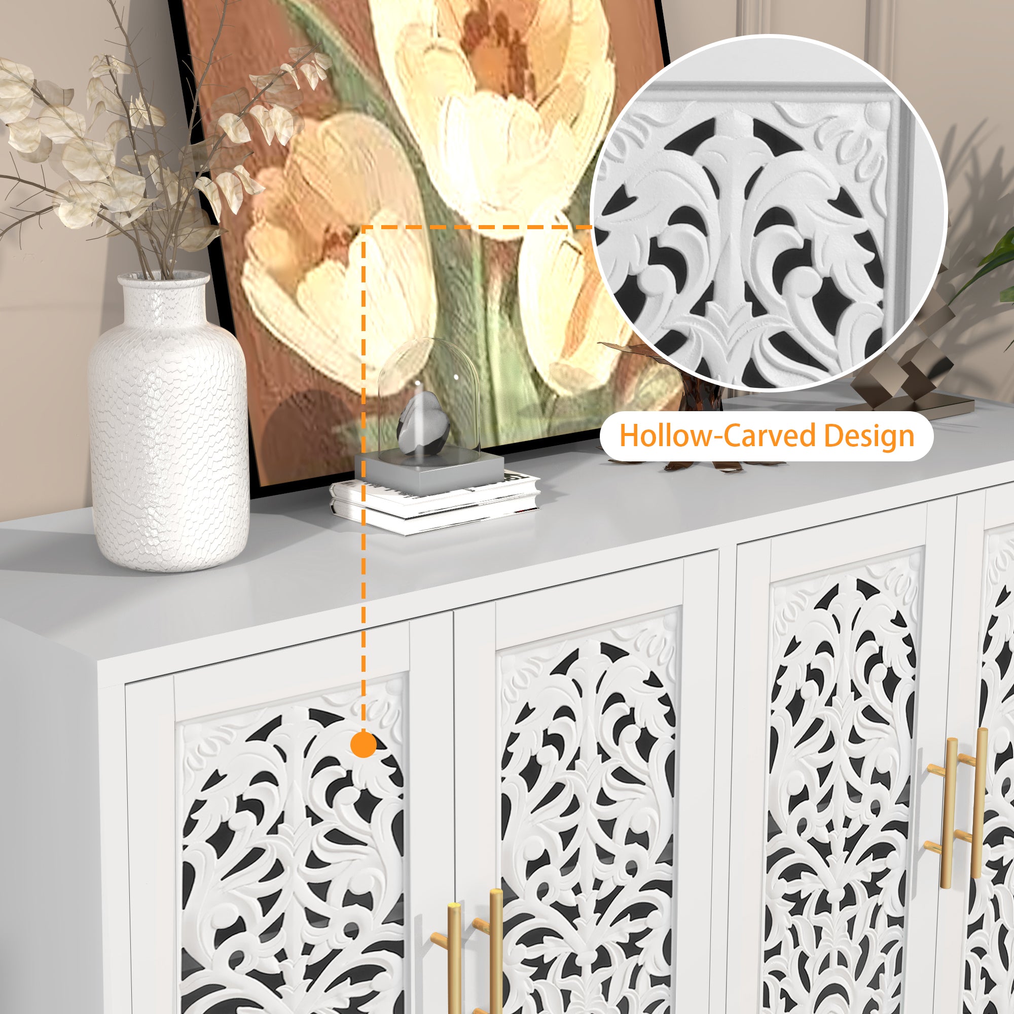 CBJCBJ 48″ Retro Storage Cabinet with 4 Doors, Hollow Carved Buffet Hutch for Living Room, Kitchen, Dining & Entryway, Vintage Decorative Organizer (WHITE)