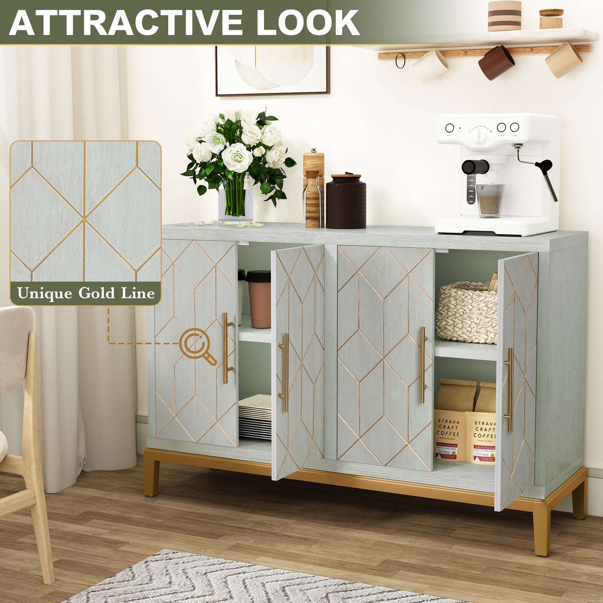 HLR 48" Modern Wood Credenzas & Sideboards with Gold Trim, Storage Cabinet with 4 Doors, Green