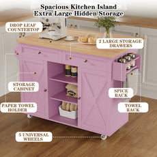 HLR 51.7" W Rolling Kitchen Islands Cart, Adjustable Shelves, Breakfast Bar, Storage Cabinets,Pink