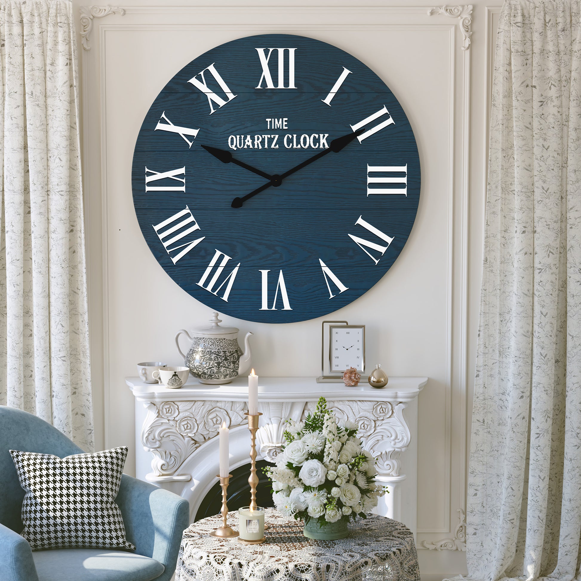 CBJCBJ 35.5” Farmhouse Large Shiplap Round Wall Clock with Roman Numeral for Living Room Decor, Blue