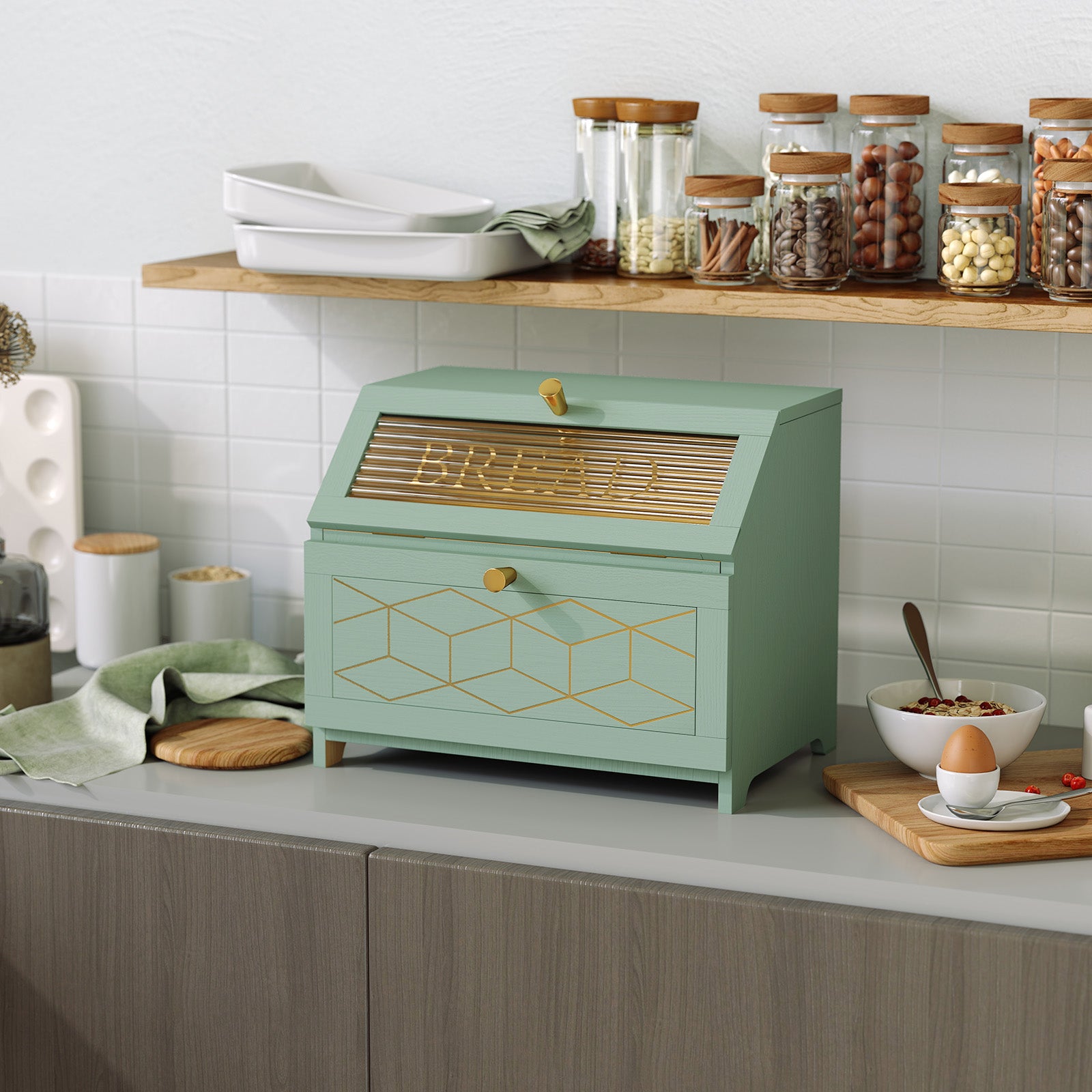 CBJCBJ 15.1" Gold-Trimmed Wooden Bread Box, Double Layer Kitchen Counter Organizer, Vintage Farmhouse Storage