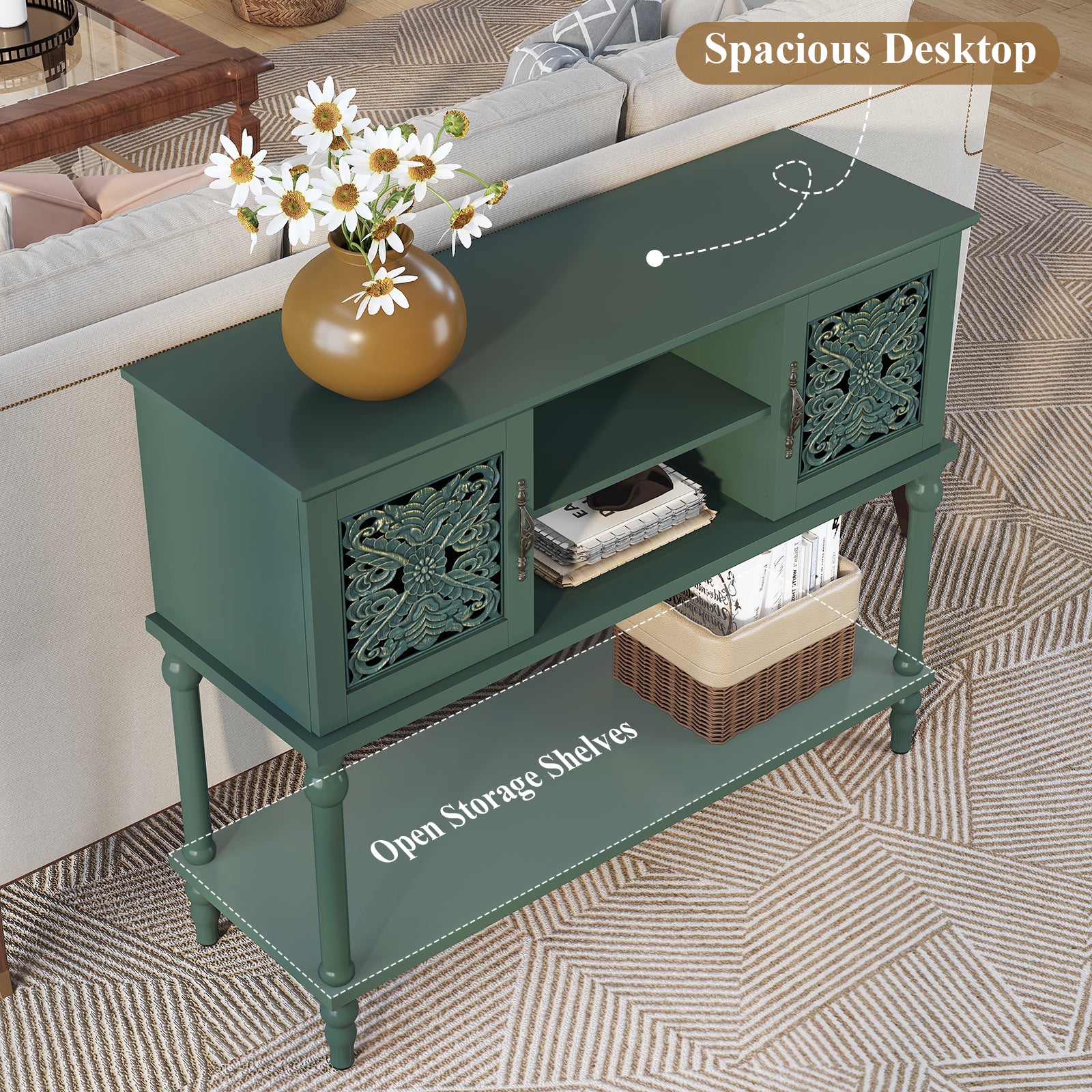 CBJCBJ 42'' Modern Retro Console Table, Entryway Table with Open Storage Shelf , for Living Room,Green