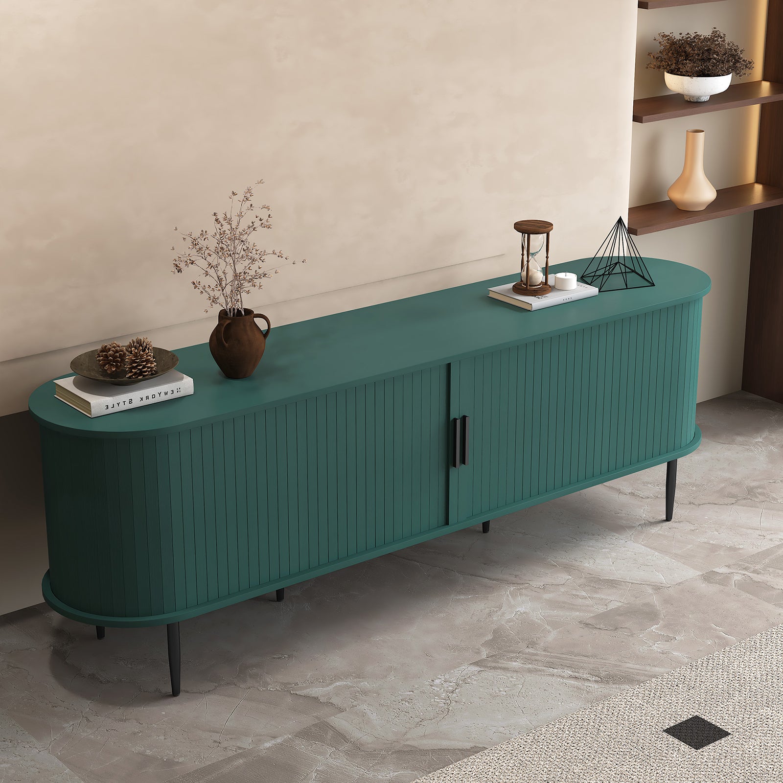 HLR 70" TV Stand for 75" TV, Wood Entertainment Center with Storage and Shelves, 2 Sliding Tambour Doors, Mid-Century Modern, Green