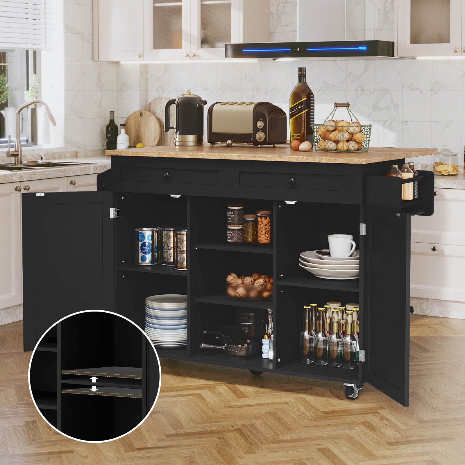 CBJCBJ 51.7" Rolling Kitchen Island Foldable, Adjustable Shelf & 2 Storage Doors - Mobile Kitchen Cart, Breakfast Bar with Storage (Black)