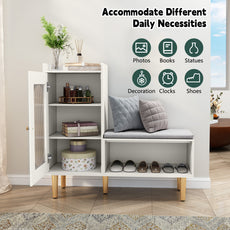 CBJCBJ Modern Storage Bench with Glass Door & Shelf - L-Shaped Entryway Cabinet, Padded Seat for Hallway/Bedroom/Office