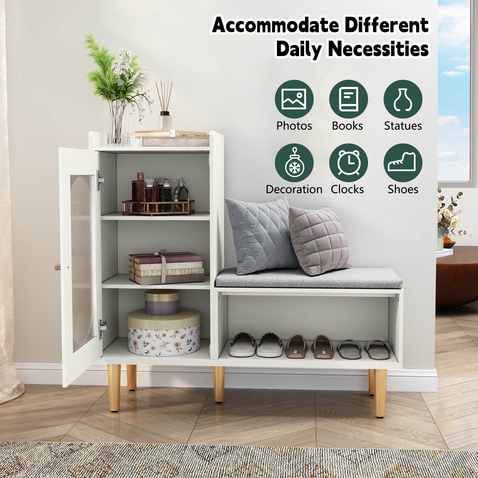 CBJCBJ Modern Storage Bench with Glass Door & Shelf - L-Shaped Entryway Cabinet, Padded Seat for Hallway/Bedroom/Office