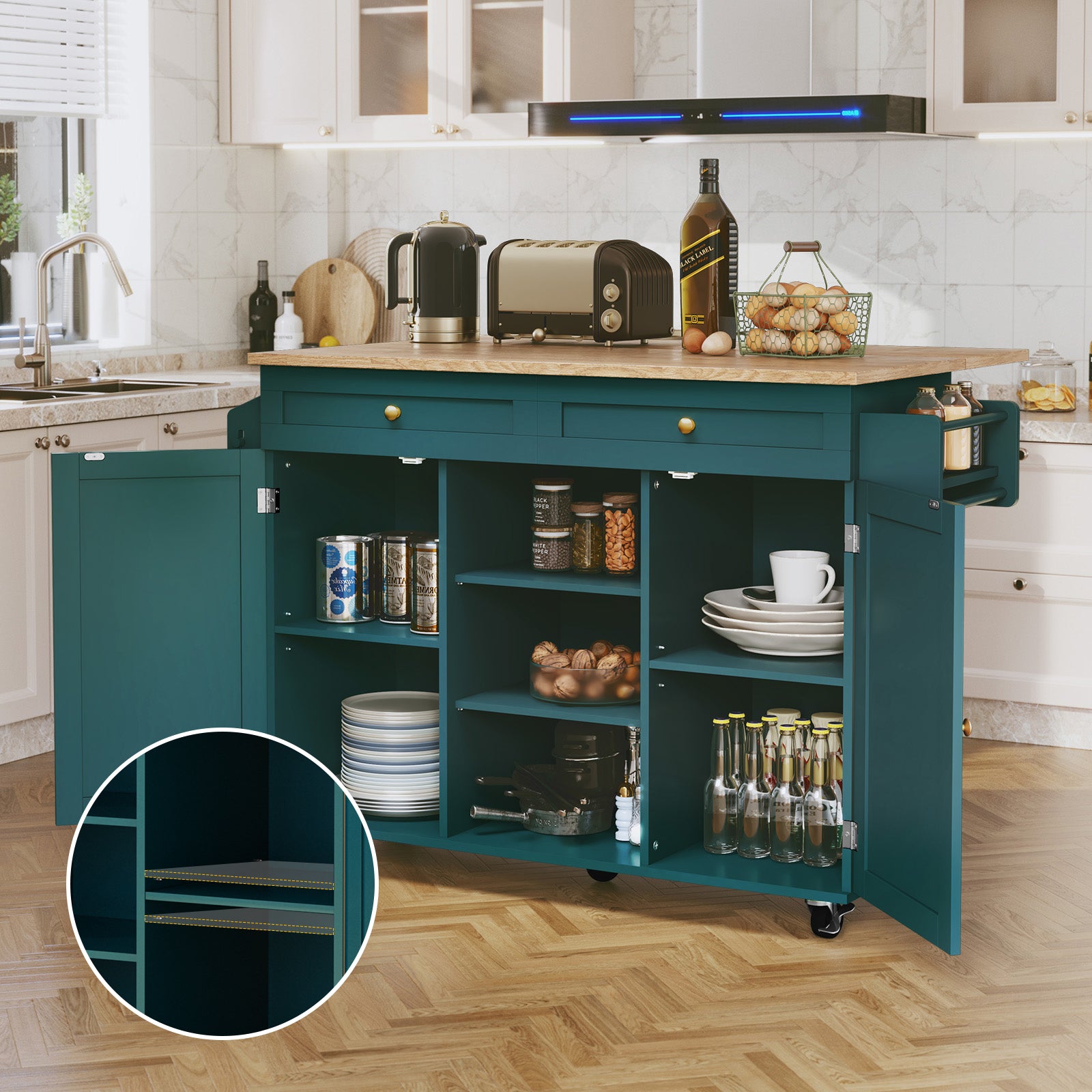 CBJCBJ 51.7" Rolling Kitchen Island Foldable, Adjustable Shelf & 2 Storage Doors - Mobile Kitchen Cart, Breakfast Bar with Storage (Green)
