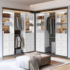 HLR Open Wardrobe Closet System with Adjustable Hanging Rods, Storage Cabinet with Drawers and Shelves, White