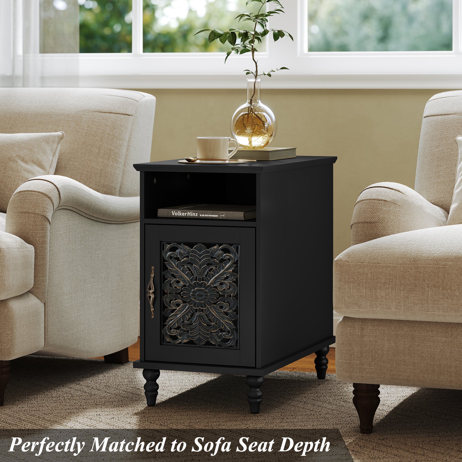 HLR 13.77" Nightstand with Charging Station, Modern Black End / BedSide Table for Living Room