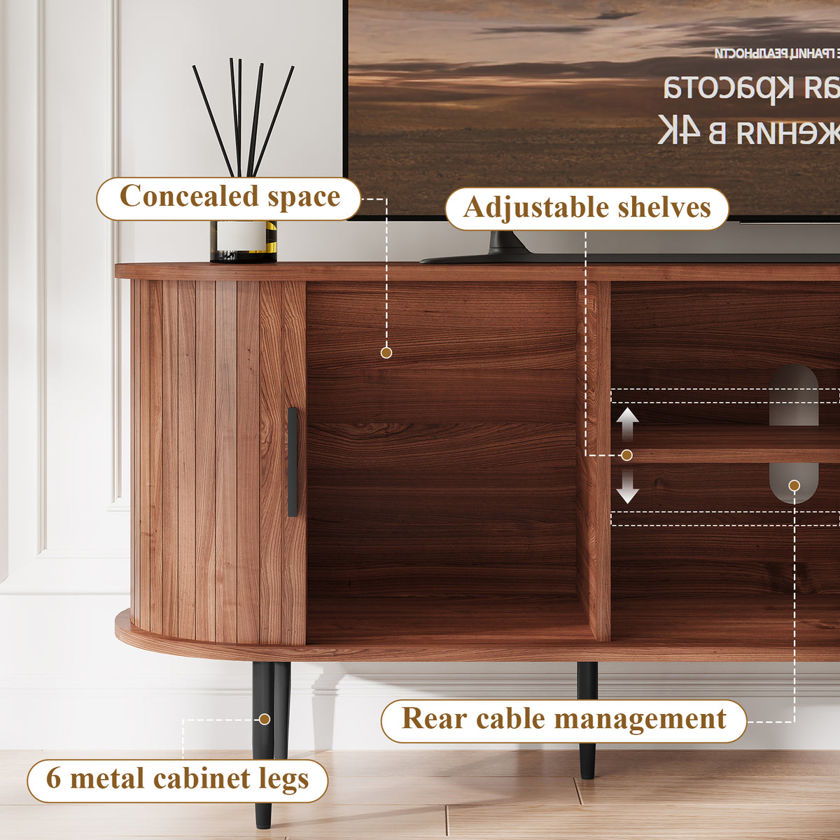 HLR 55" Brown TV Stand for 65" TV, Wood Entertainment Center with 2 Sliding Tambour Doors Storage, Mid-Century