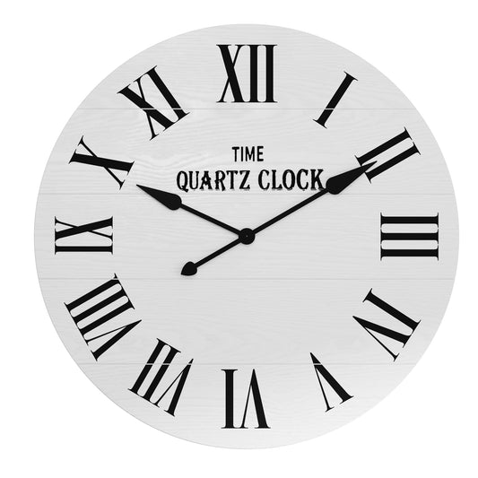 HLR 35.5” Farmhouse Large Shiplap Round Wall Clock with Roman Numeral for Living Room Decor, White