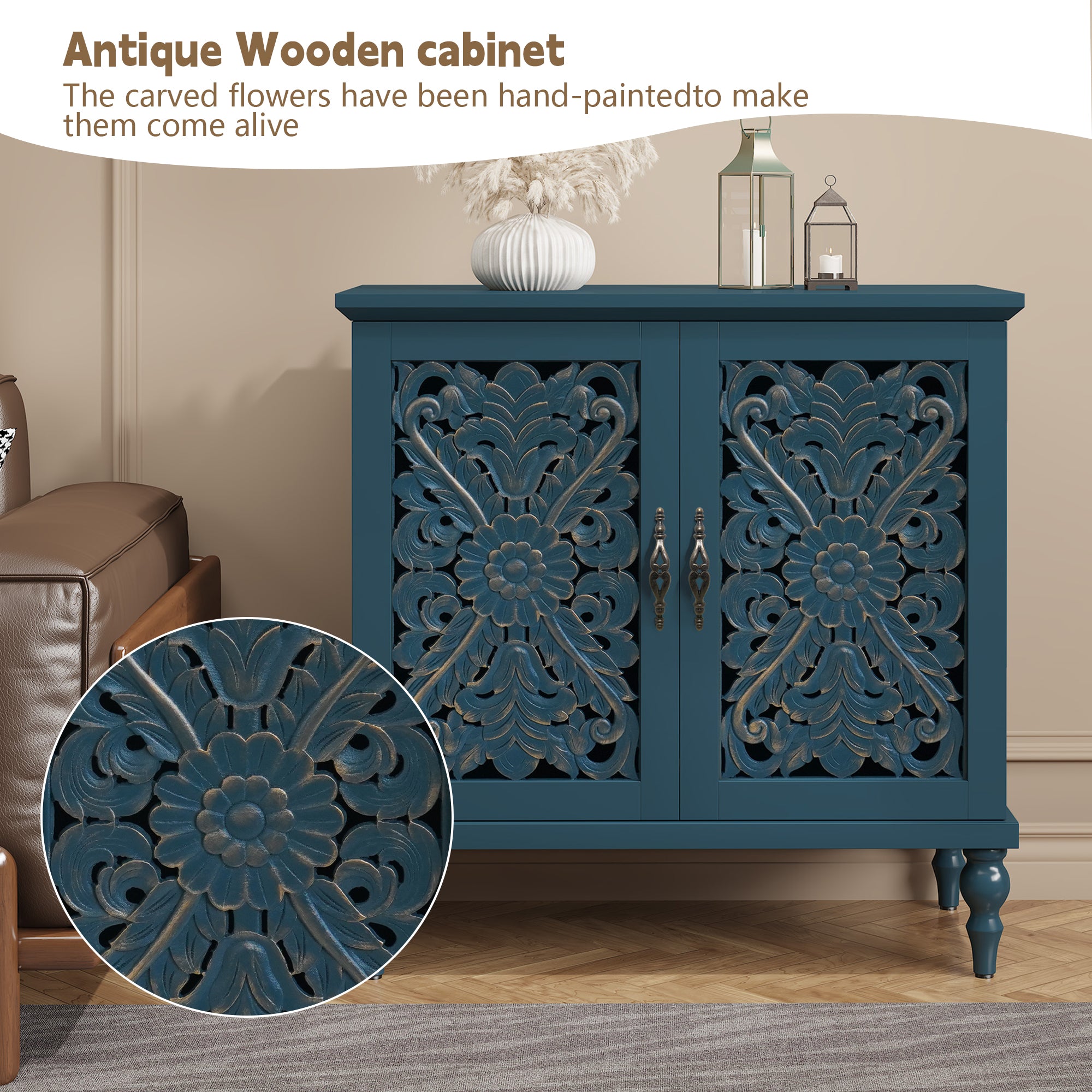 HLR 31.5"W Mid Century Vintage Sideboards Buffets Cabinet with 2 Doors Storage for Kitchen Dining, Blue