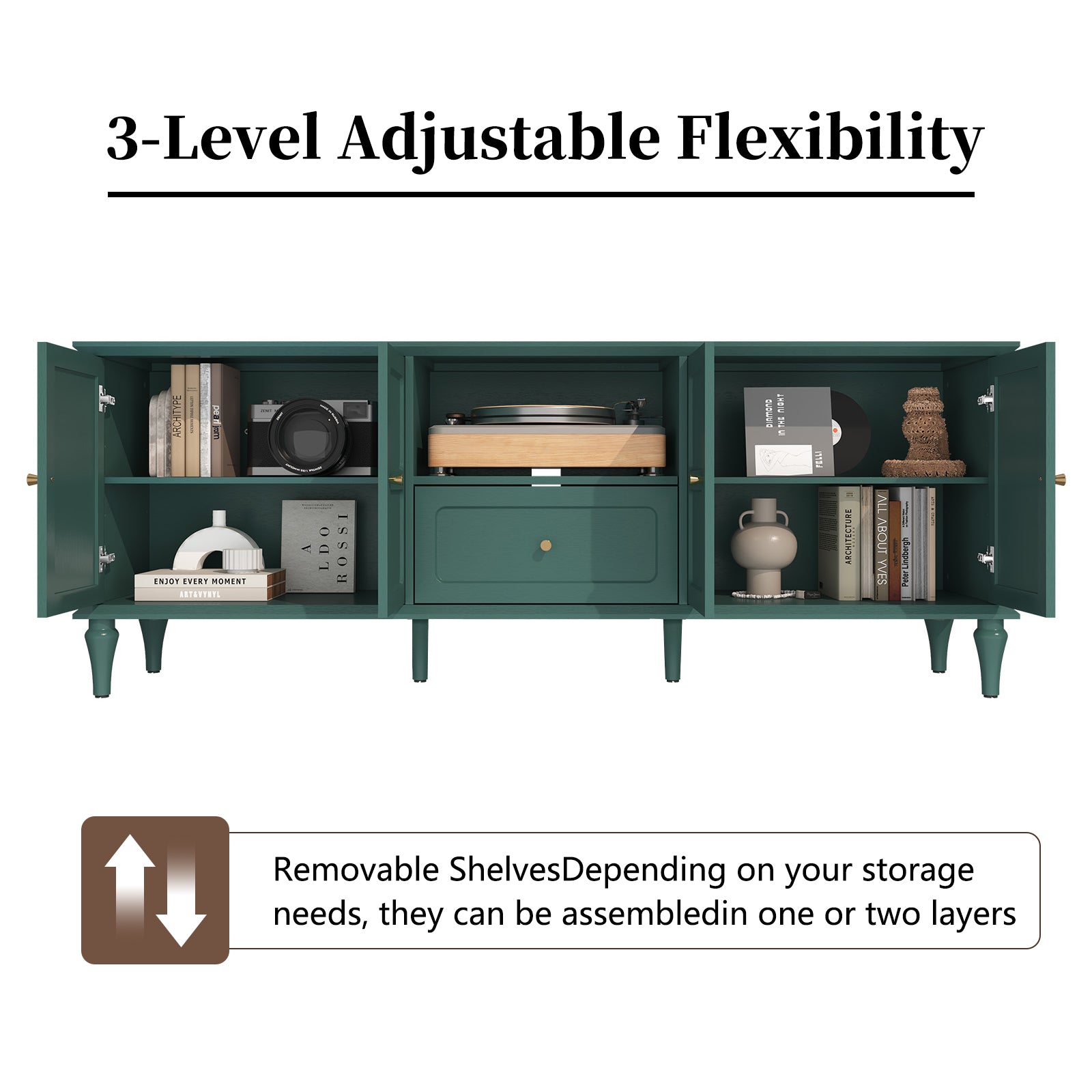 CBJCBJ 67"Mid-Century Modern TV Stand with Storage and Adjustable Partition , Media Console for TVs up to 75", Green