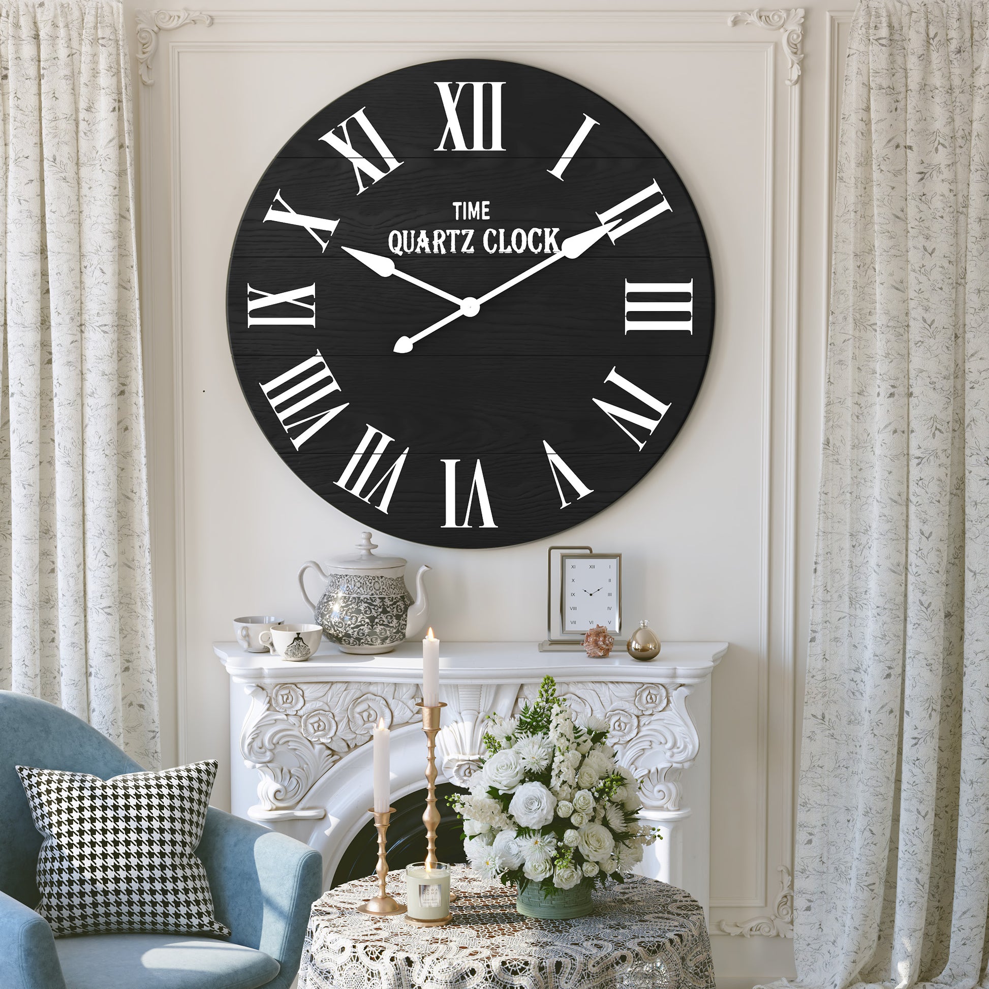 CBJCBJ 35.5” Farmhouse Large Shiplap Round Wall Clock with Roman Numeral for Living Room Decor, Black