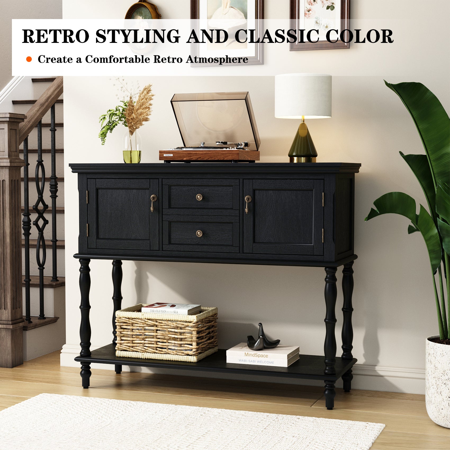 HLR 42" Farmhouse Modern Console Table, Entryway Table with Storage Shelf for Living Room, Black