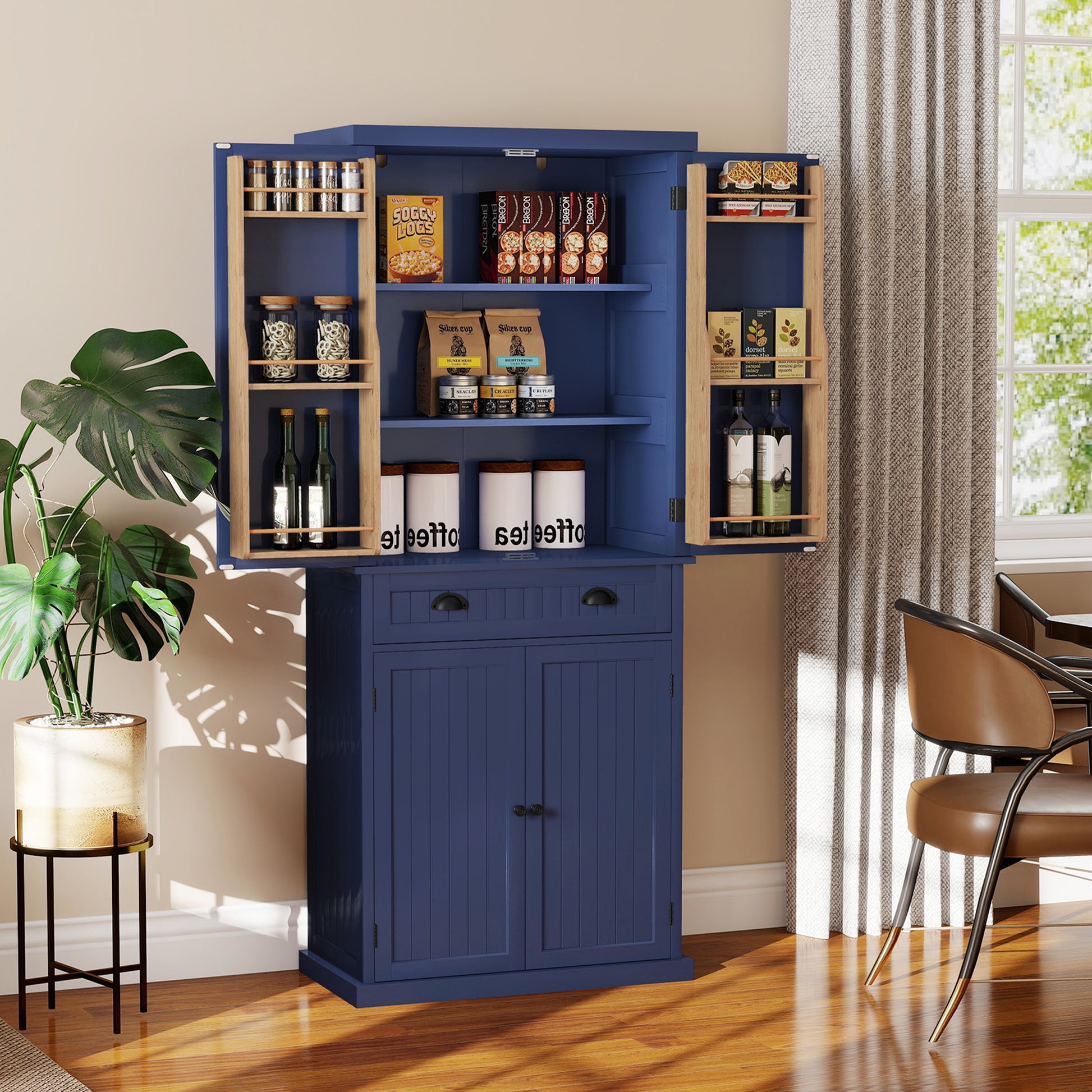 CBJCBJ 72" Wood Pantry Cabinet, 4 Adjustable Shelves and Central Drawer with Storage , Freestanding Kitchen Organizer for Dining Room,Blue