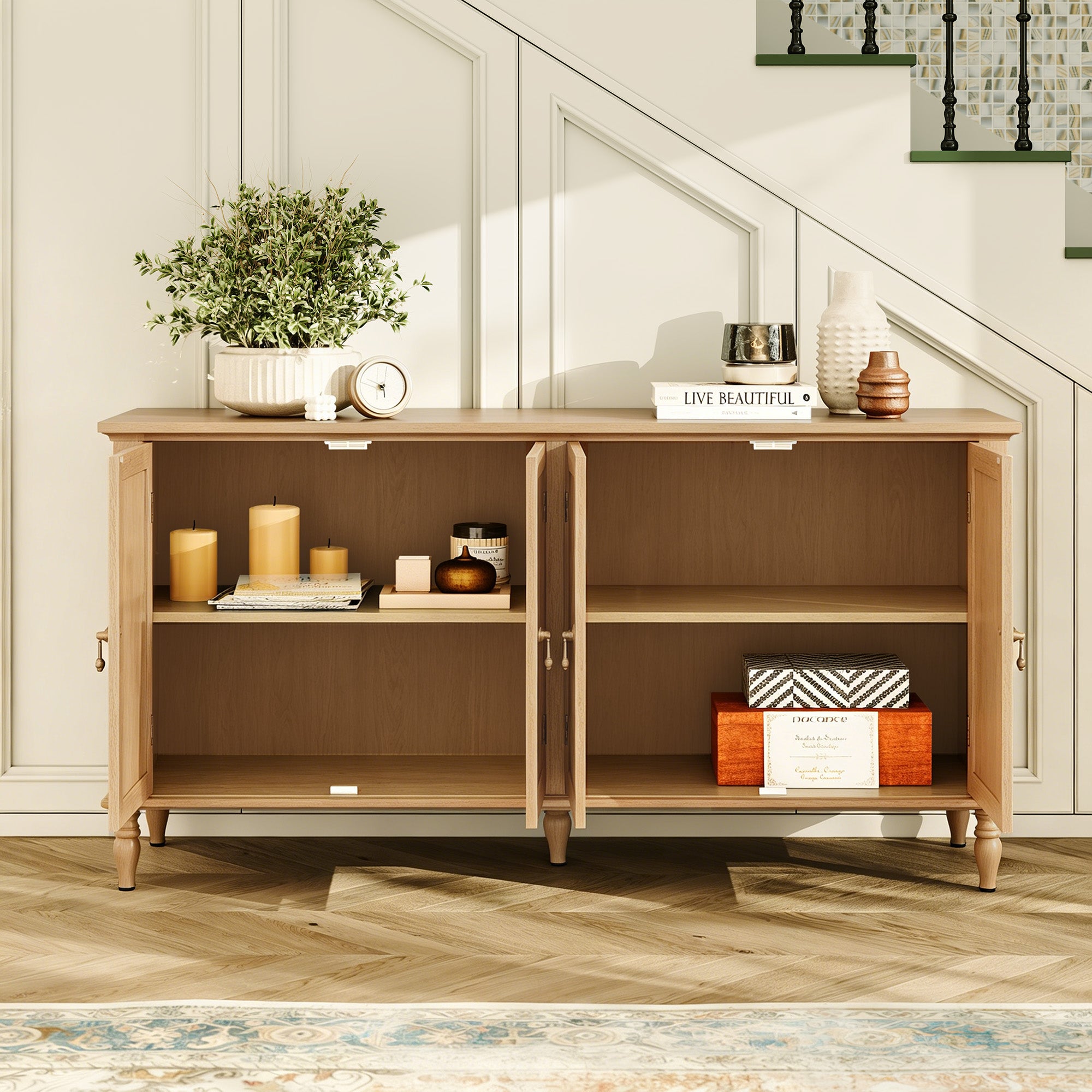 HLR 58'' Large Sideboard Buffet Cabinet with Storage, 4 Doors Modern Credenza Table for Living Room, Wood