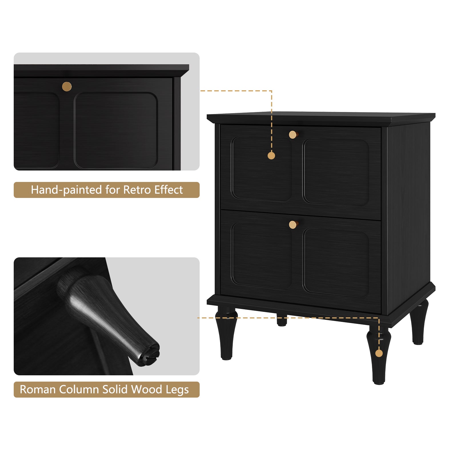 HLR 20" Mid Century Nightstands Set of 2 with Drawers, Wood Bedside Table End Table for Bedroom, Black