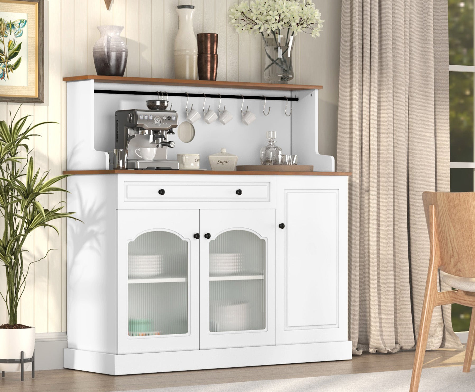 HLR 48" Modern Wood Kitchen Pantry Cabinet, Coffee Bar with Drawer & Microwave Stand, Dining Room, White