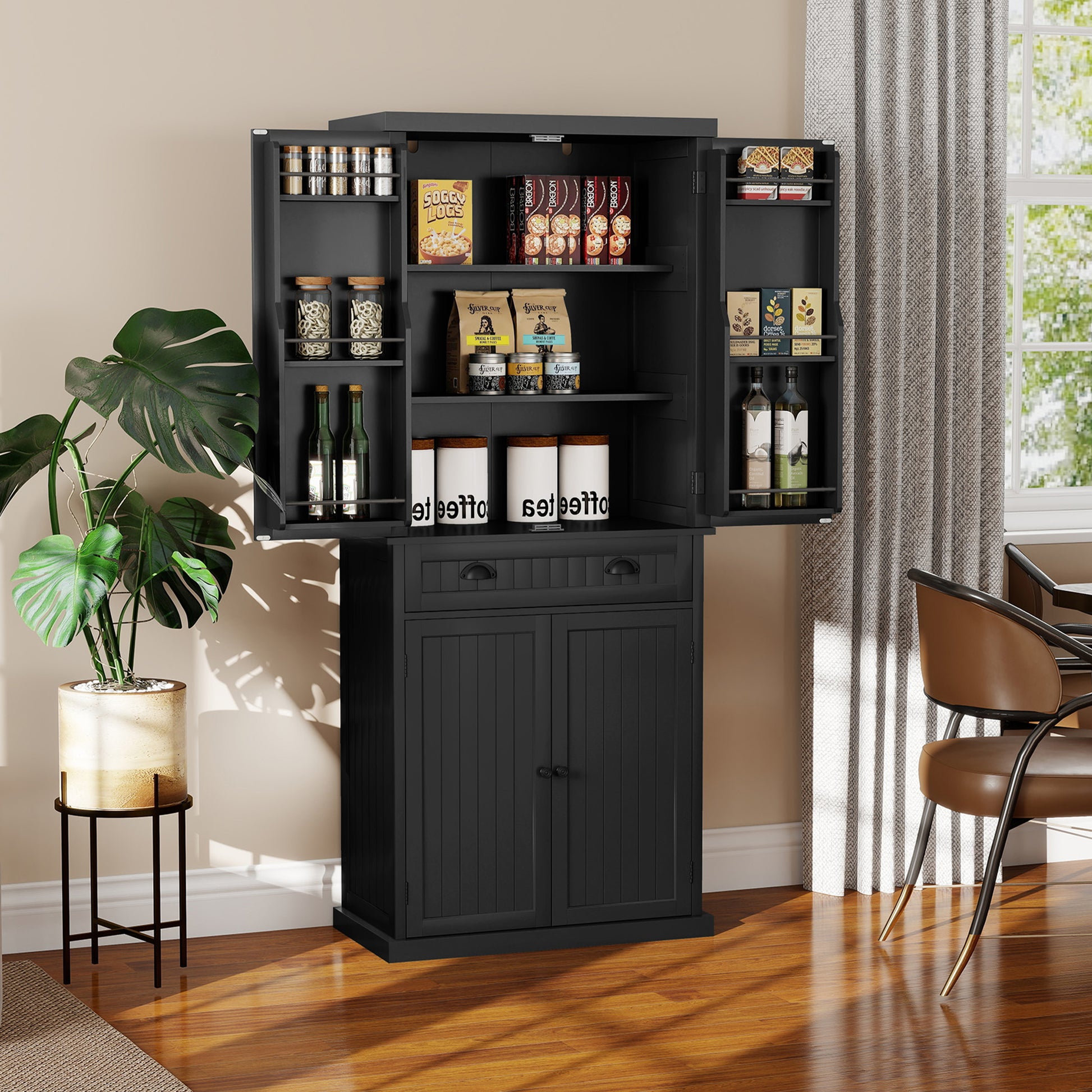 HLR 72" Utility Pantry Storage Cabinet, Tall Cupboard with Door Shelves and Drawer for Kitchen, Black