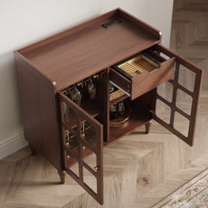 CBJCBJ Modern Wine Cabinet with Power Outlet and Glass Doors Sideboard Storage for Dining and Living Room,Brown