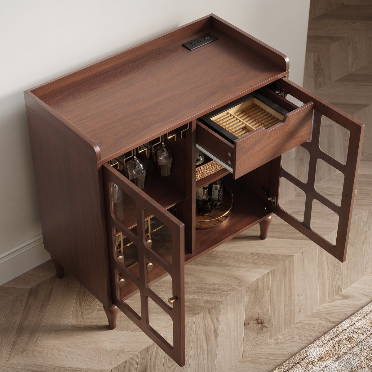 CBJCBJ Modern Wine Cabinet with Power Outlet and Glass Doors Sideboard Storage for Dining and Living Room,Brown