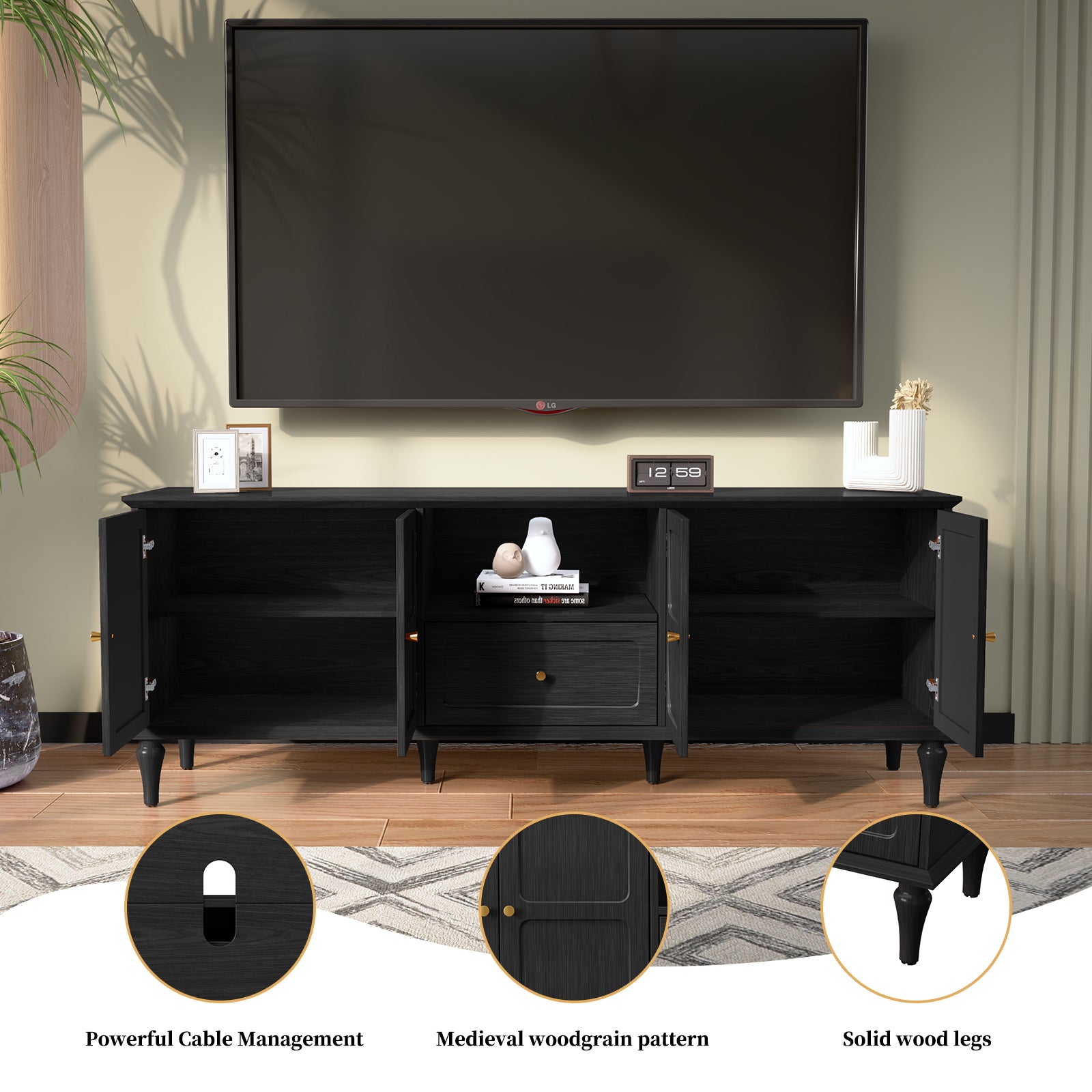 HLR Mid Century 67" TV Stand, for TVs up to 75", Living Room Entertainment Center with 4 Door Storage Cabinet, Black