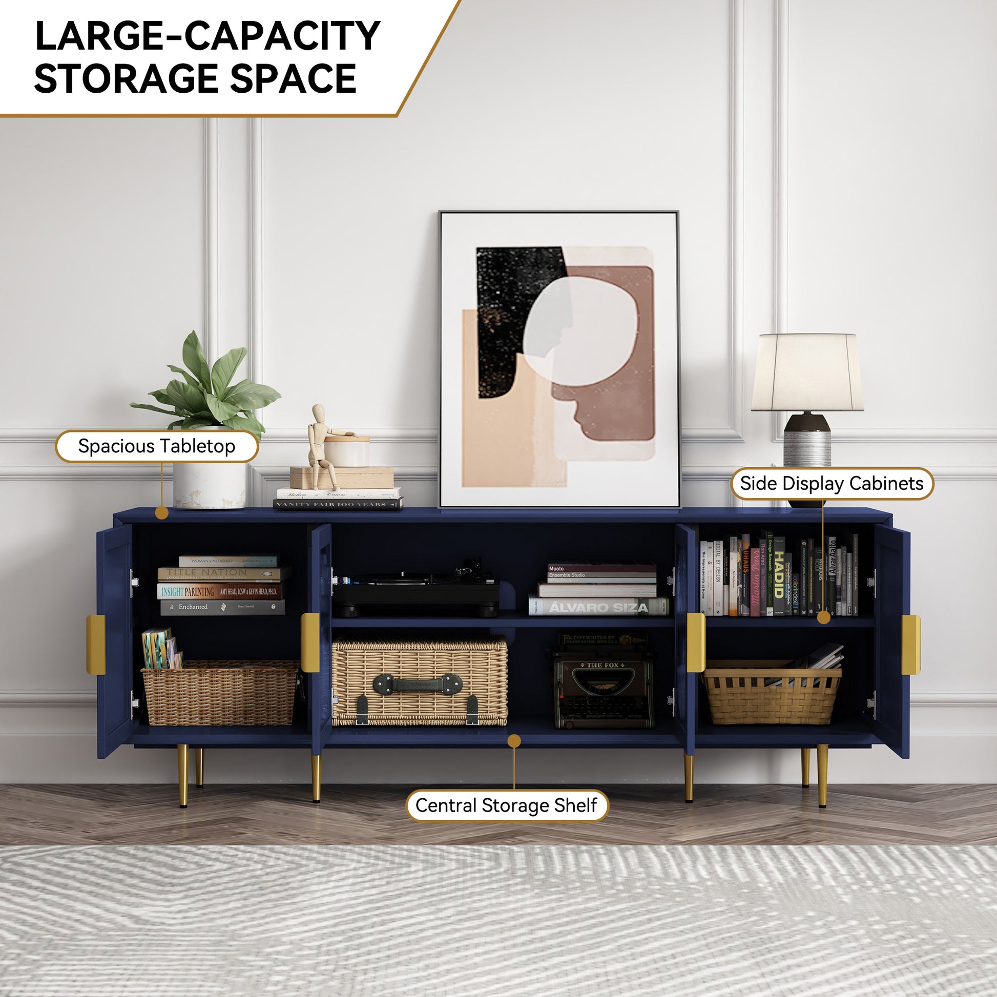 CBJCBJ 66" TV up to 75" Stand for Living Room, Entertainment Center with Glass Storage Cabinet