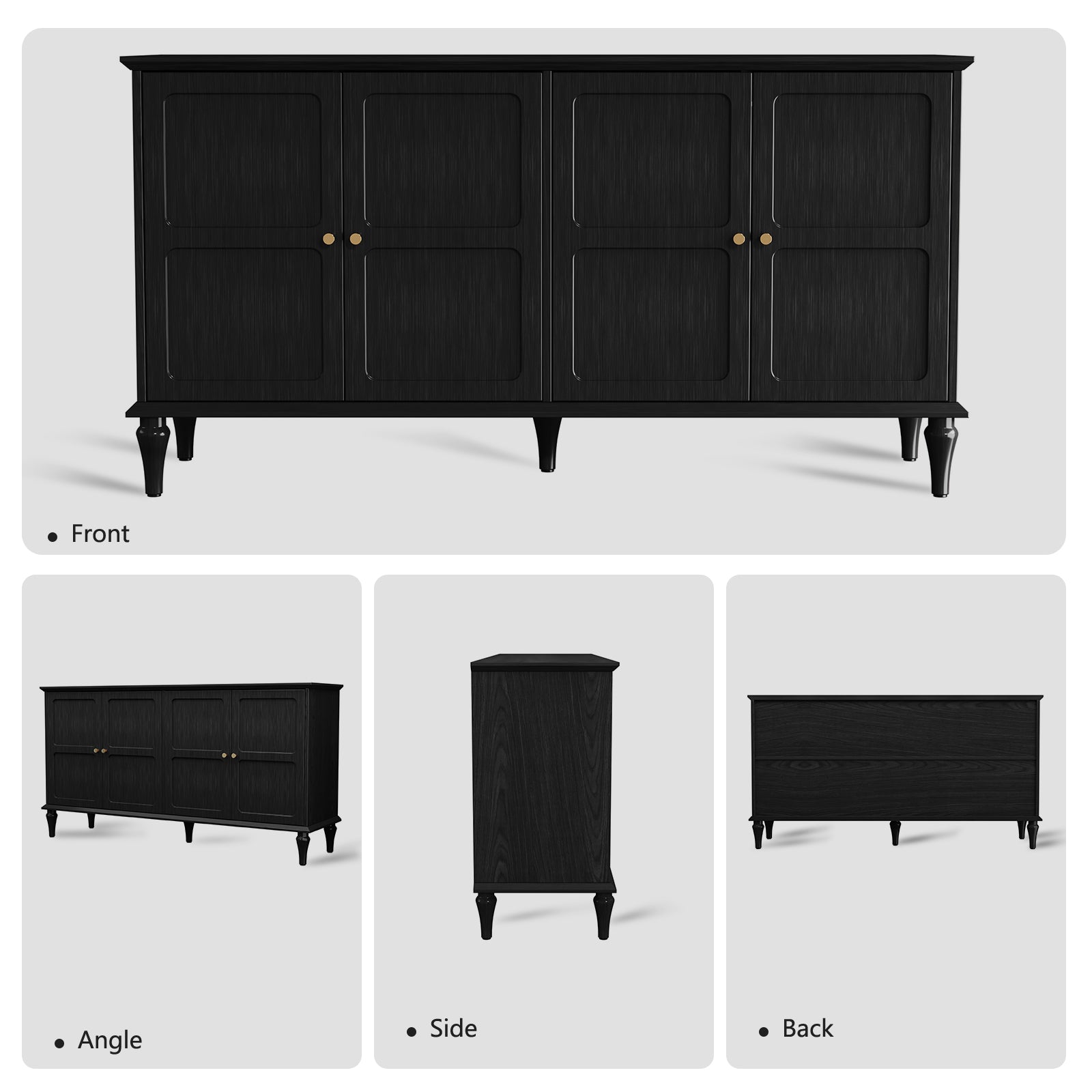 HLR Mid Century 58" Wood 4 Door Sideboard Buffet Cabinet with Storage for Living Dining (Black)