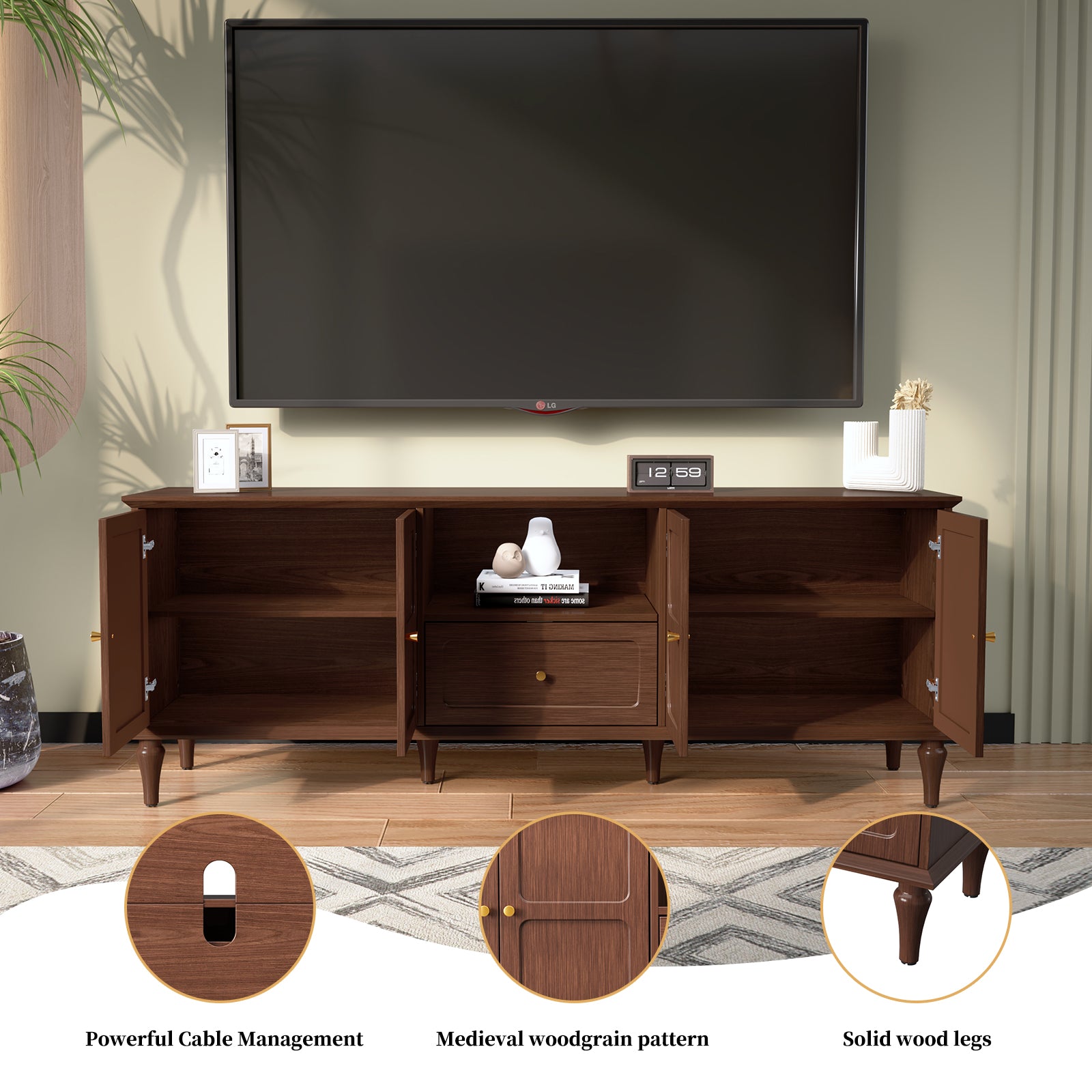 HLR Mid Century 67" TV Stand, for TVs up to 75", Living Room Entertainment Center with 4 Door Storage Cabinet, Brown