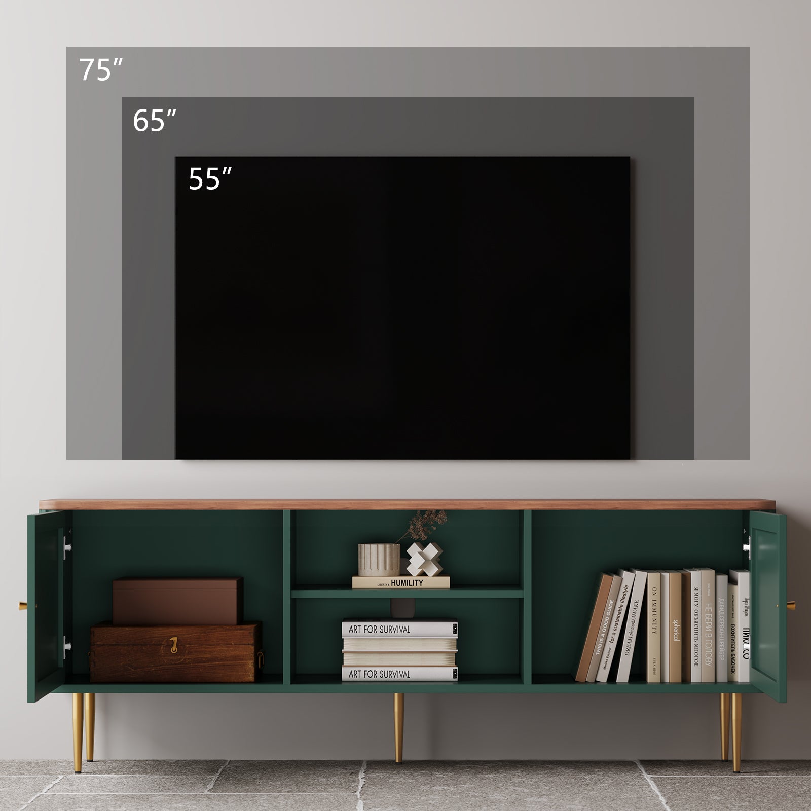 HLR 67 In Fluted TV Stand for TVs Up to 75 Inch, Mid Century Modern Entertainment Center with Storage, Green