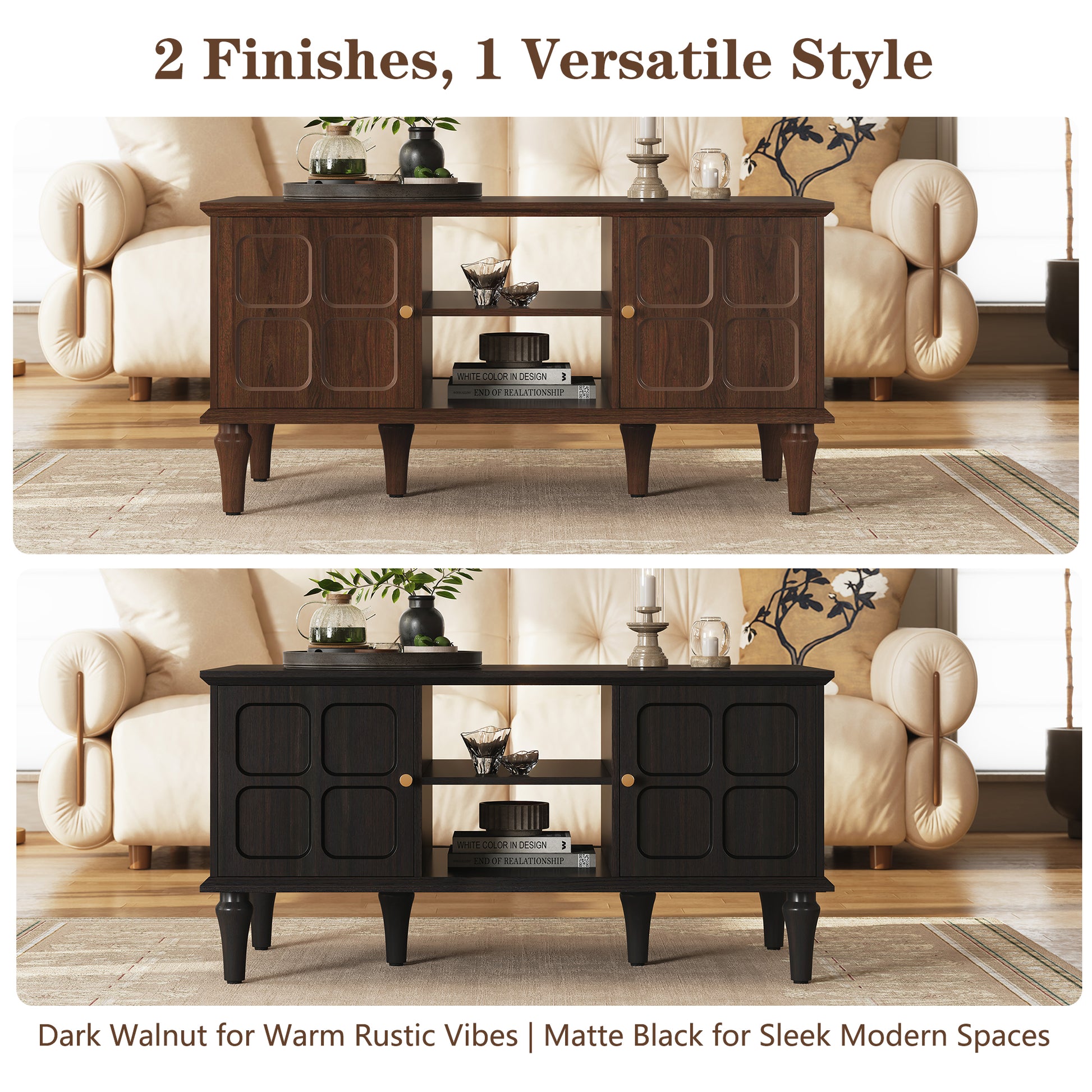 CBJCBJ Mid-Century Coffee Table,Living Room Center Table with 4-Door Storage and Open Storage, Brown