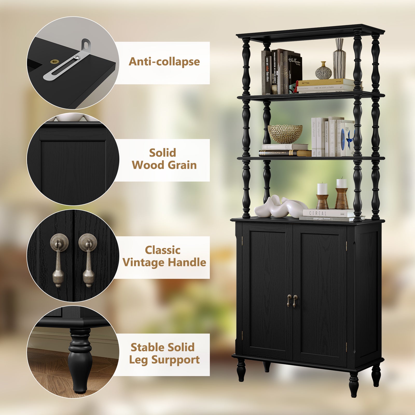 CBJCBJ 77.5" Retro Bookcase with Storage Cabinet and Removable Display Shelf, Suitable for Living Room, Study Room,Black