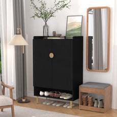 CBJCBJ 7-Tier Shoe Cabinet Storage with 2 Door and Adjustable Shelves Wood Shoes Rack for Entryway, Black