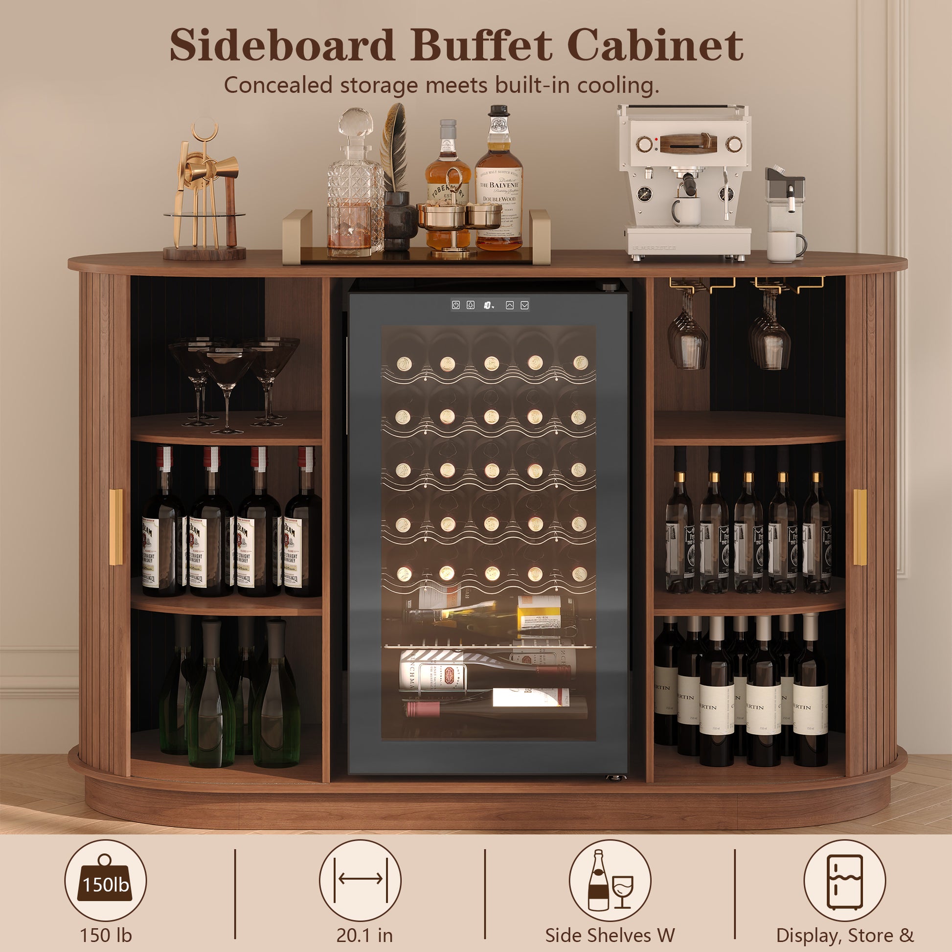 HLR Mid Century Coffee Bar Cabinet, Wine Cabinet Mini Fridge Space, Brown