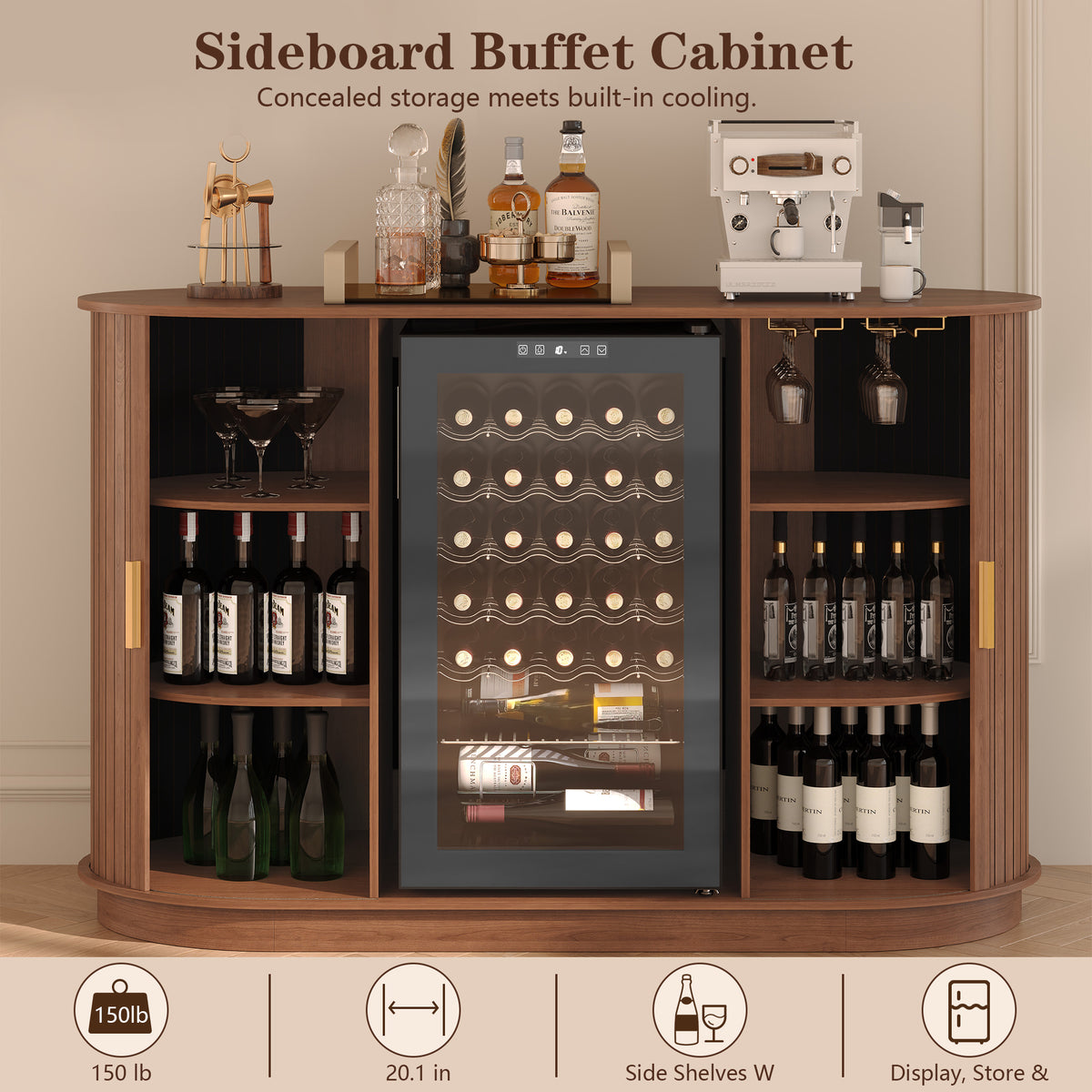 HLR Mid Century Coffee Bar Cabinet, Wine Cabinet Mini Fridge Space, Brown