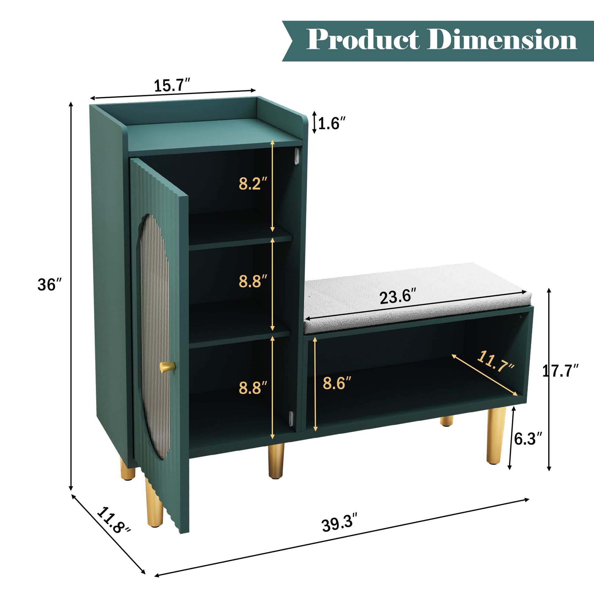 CBJCBJ Modern Storage Bench with Glass Door & Shelf - L-Shaped Entryway Cabinet, Padded Seat for Hallway/Bedroom/Office,Green
