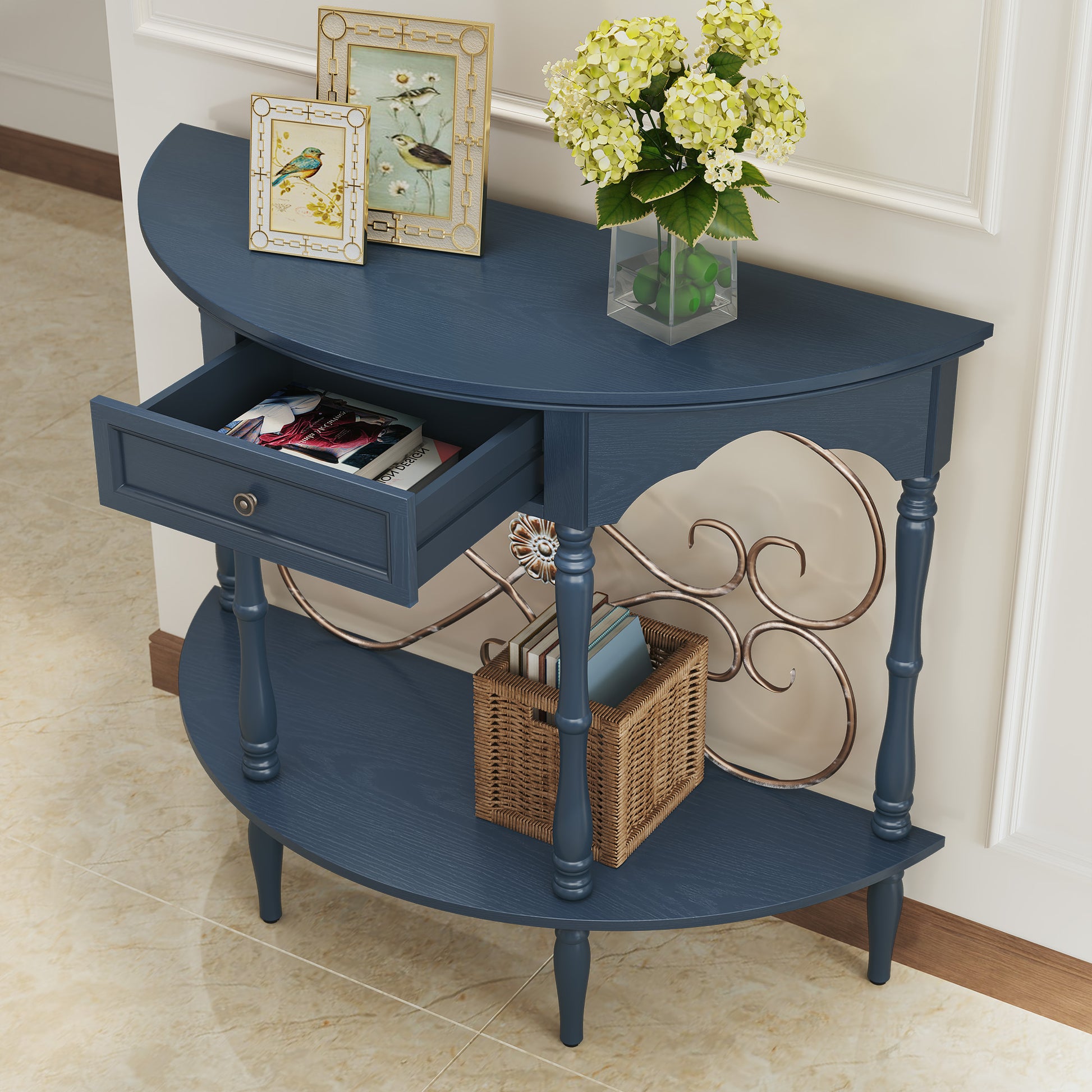 HLR 40" Mid Century Console Table with Drawer, Assembled Entryway Table with Storage for Hallway, Blue