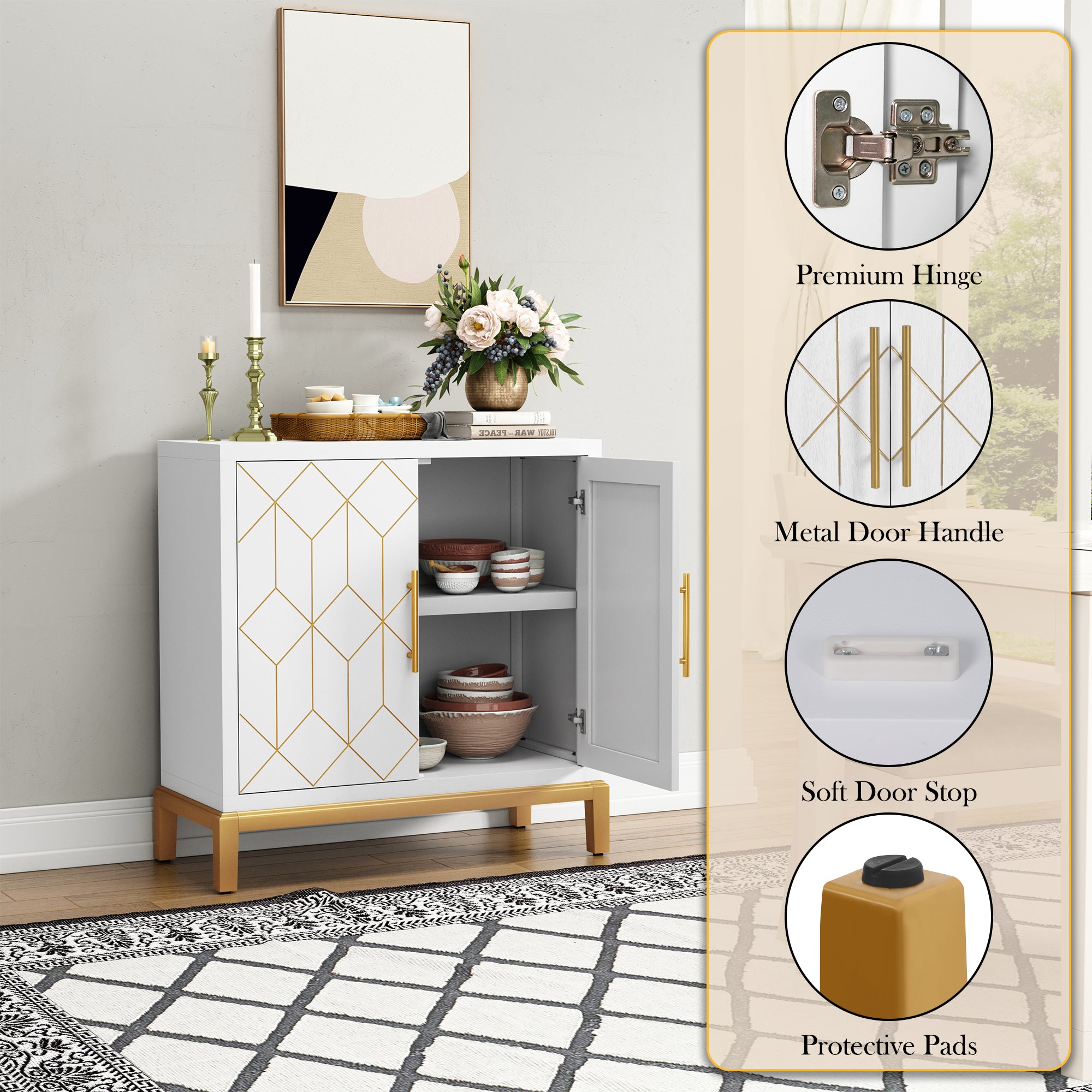 HLR 30.7" White Accent Cabinet with 2 Doors, Entryway Cabinet with Gold Trim, Modern Buffet Sideboards