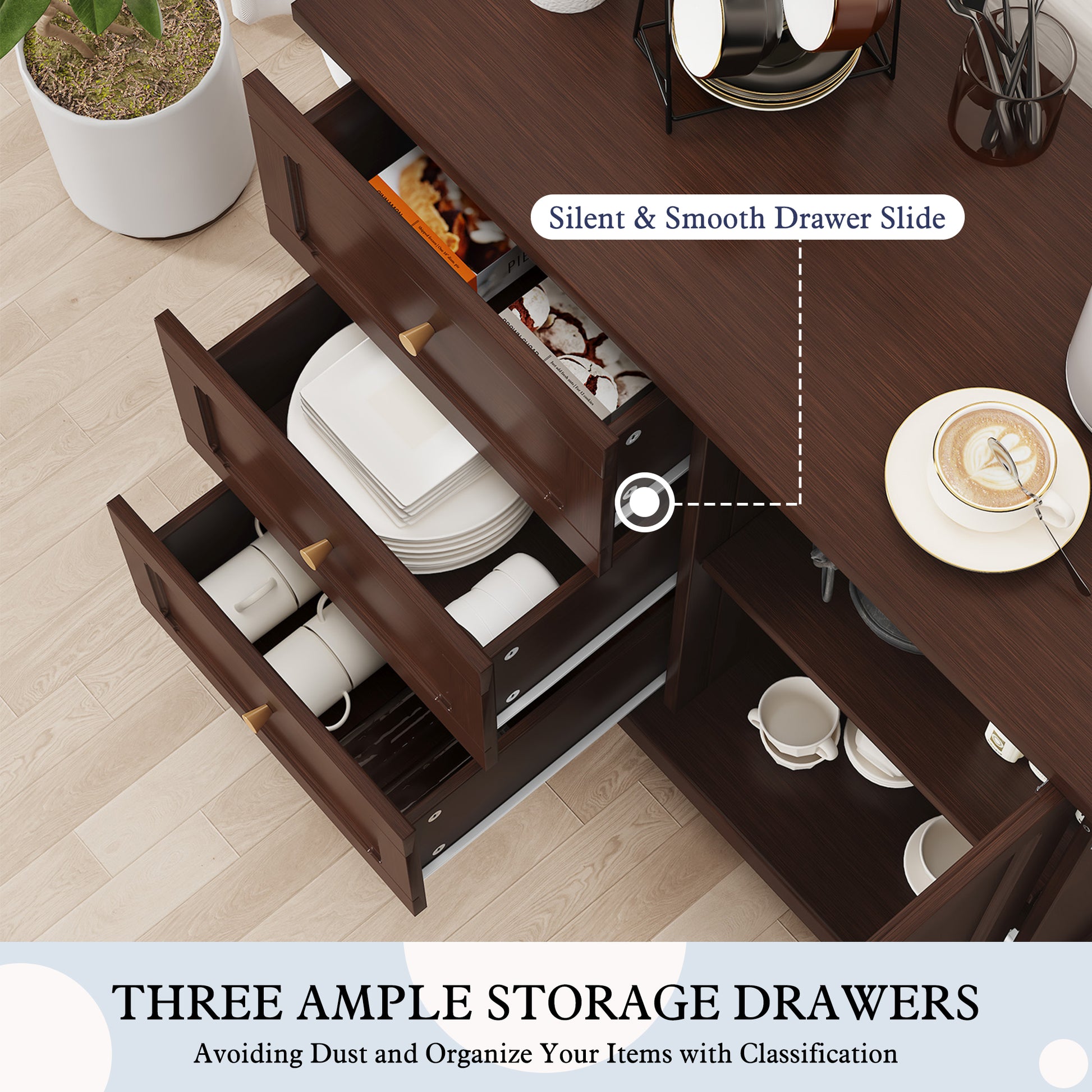CBJCBJ 31.7"Storage Cabinet, Classical 3 Drawers & 1 Door Design with Gold-Tone Handles, Multi-Use Organizer for Living Room, Kitchen, Bathroom