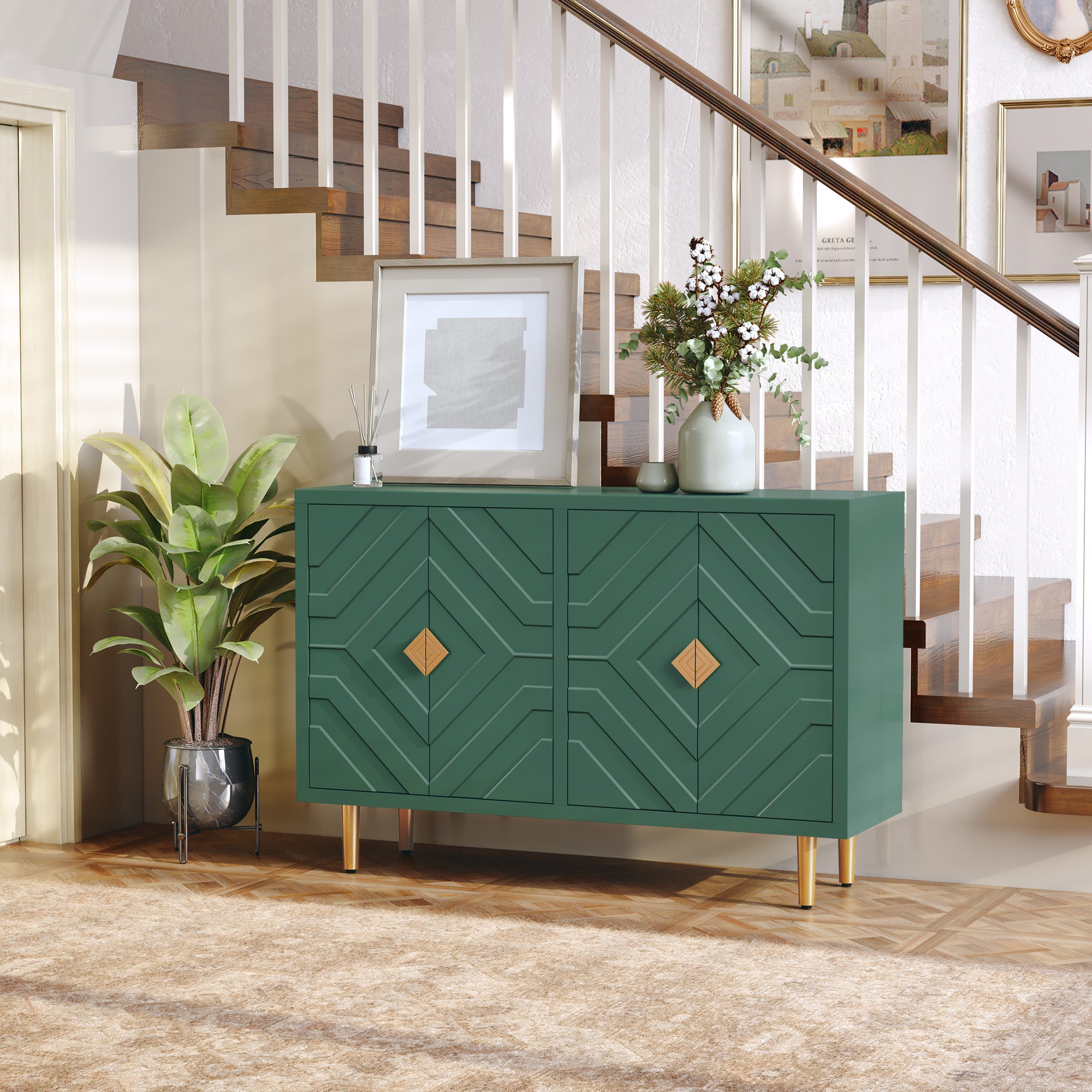 CBJCBJ 48" Modern Accent Sideboard Buffet Cabinet with 4 Doors & Shelves, Credenza for Living Room Storage,Green