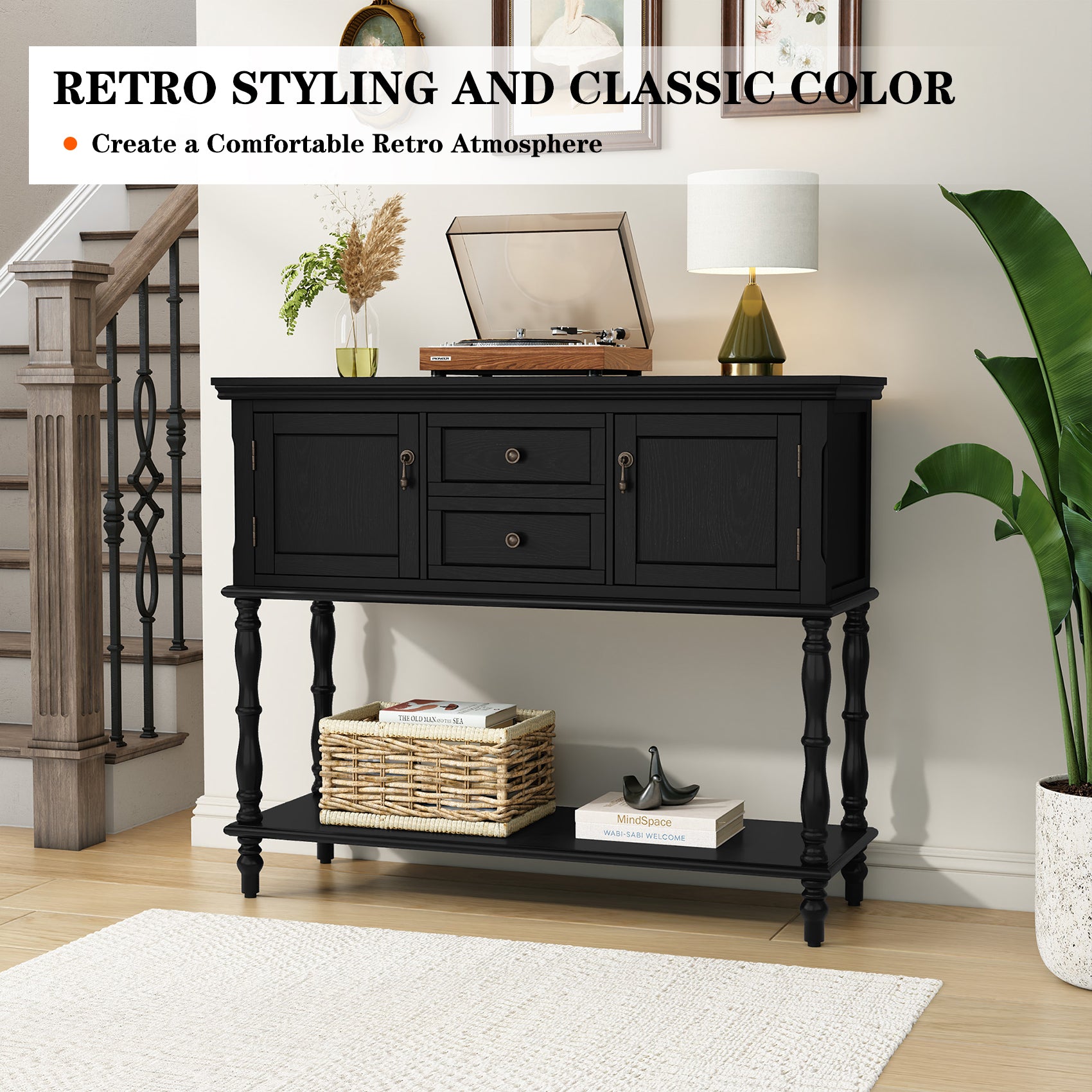CBJCBJ 42" Farmhouse Console Table , 2 Drawer Narrow Long Entryway Table with Open Storage Shelf , for Living Room, Black
