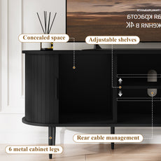 HLR 55" Black TV Stand for 65" TV, Wood Entertainment Center with 2 Sliding Tambour Doors Storage, Mid-Century