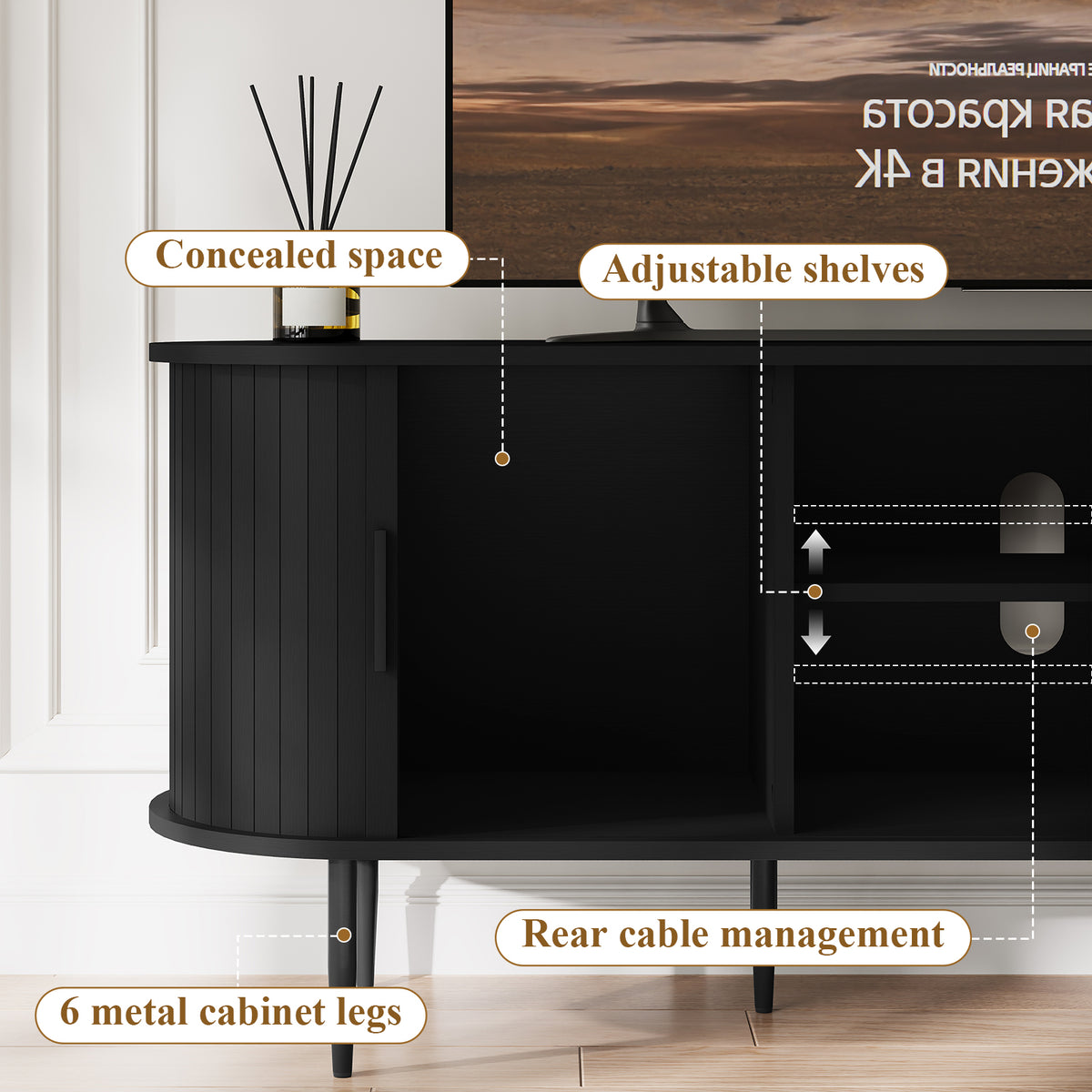 HLR 55" Black TV Stand for 65" TV, Wood Entertainment Center with 2 Sliding Tambour Doors Storage, Mid-Century