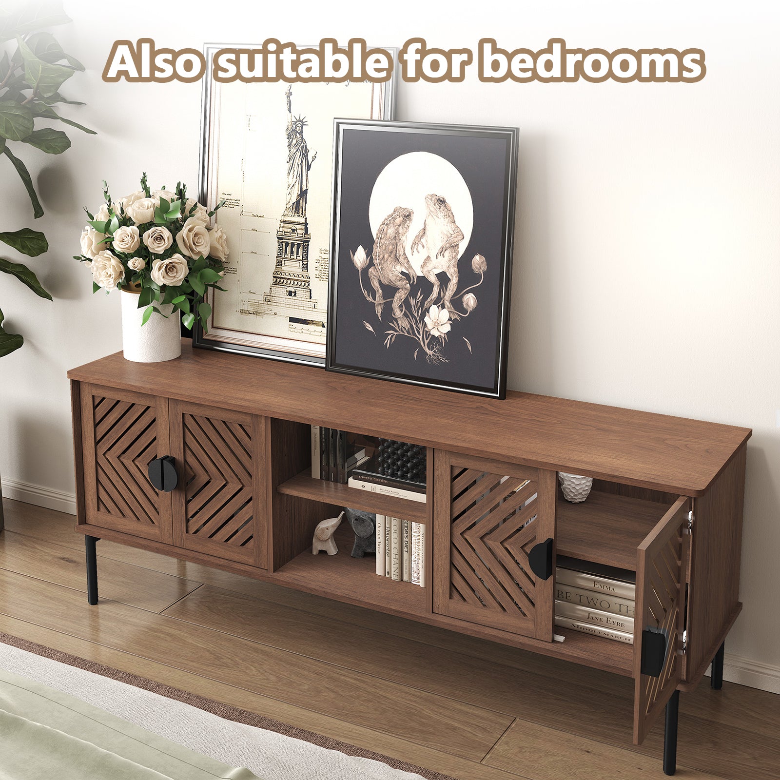 HLR Mid Century Modern 63" TV Stand for 75 inch TV with Storage, Entertainment Center for Living Room, Brown