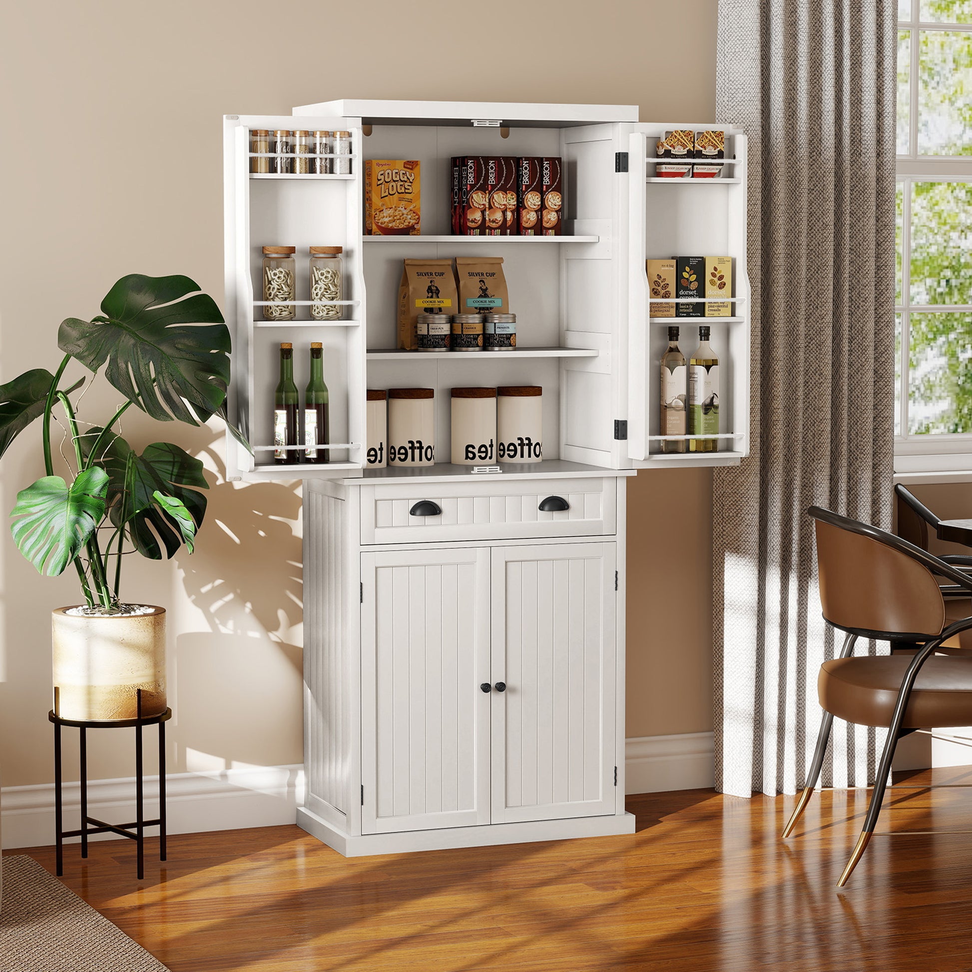 HLR 72" Utility Pantry Storage Cabinet, Tall Cupboard with Door Shelves and Drawer for Kitchen, White