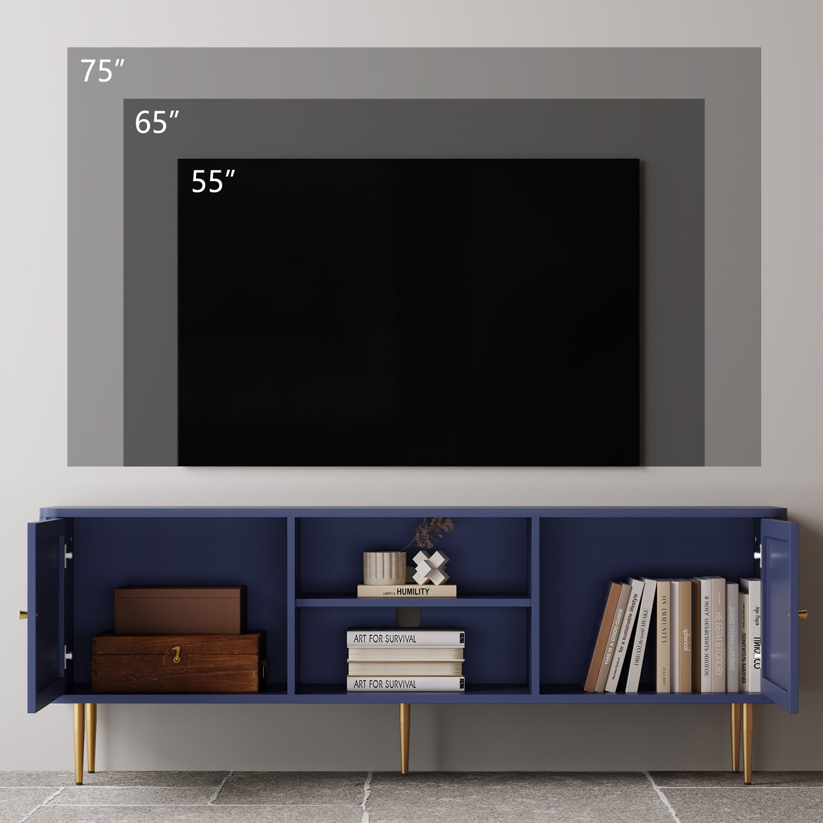 HLR 67 In Fluted TV Stand for TVs Up to 75 Inch, Mid Century Modern Entertainment Center with Storage, Blue
