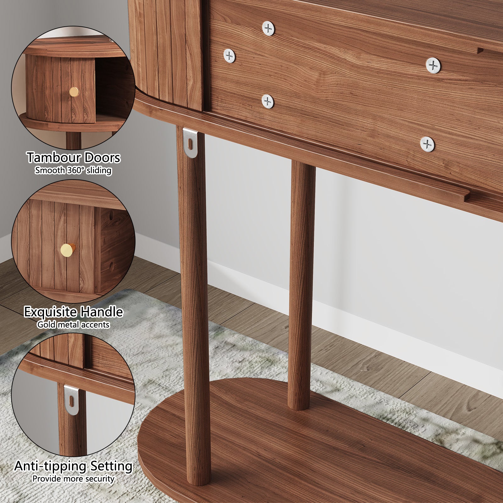 CBJCBJ 47.5" Console Modern Entryway Table with Wood Tambour Door Sofa Console &Storage Shelf for Hallway, Living Room