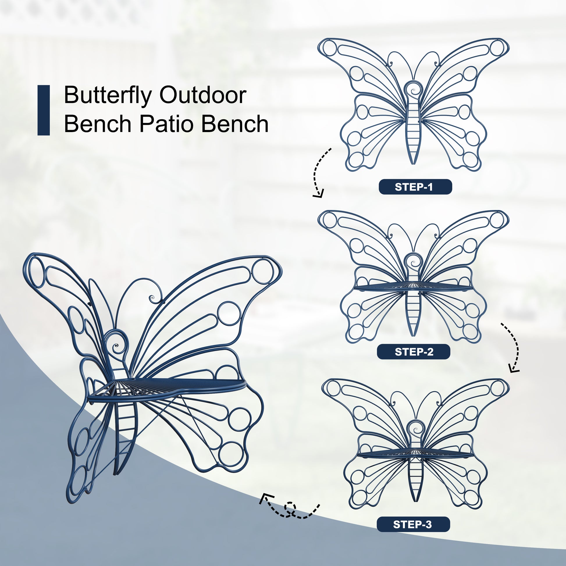 CBJCBJ 50" Weatherproof Outdoor Patio Bench，Metal Butterfly Design for Garden and Lawn Porch， Navy