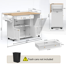HLR Mid-Century 60" Kitchen Island with Trash Can Storage, Rolling Island Table, White